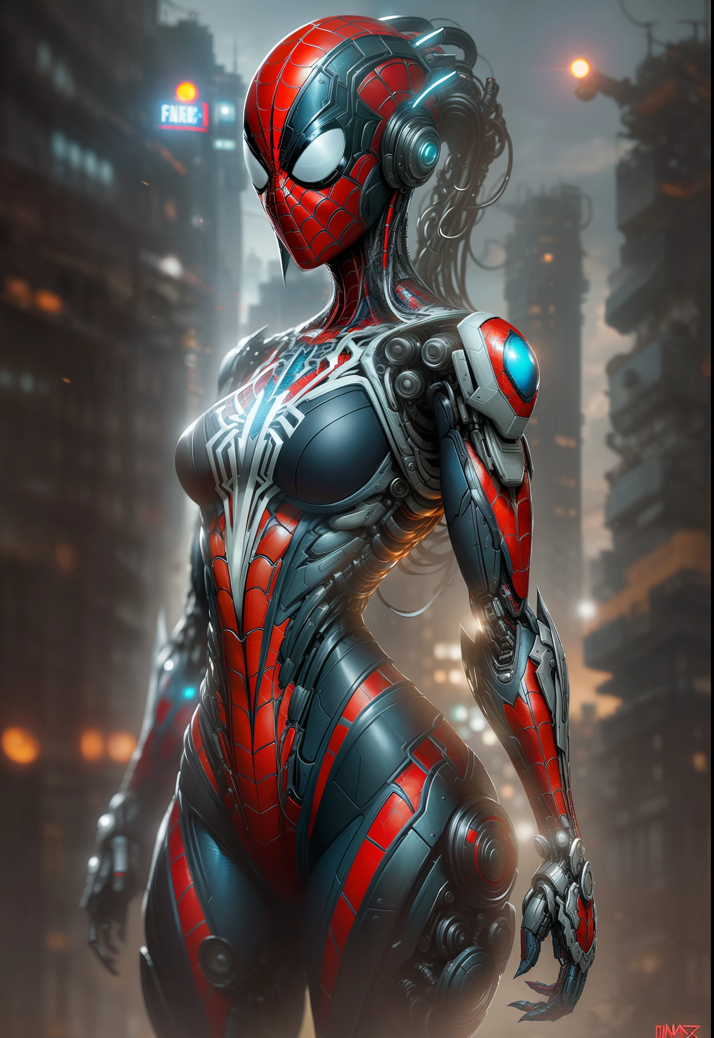 photo of Woman dressed as Spider-Man from Marvel, biomechanical, complex robot, full growth, hyper-realistic, insane small details, extremely clean lines, cyberpunk aesthetic, a masterpiece presented at Zbrush Central