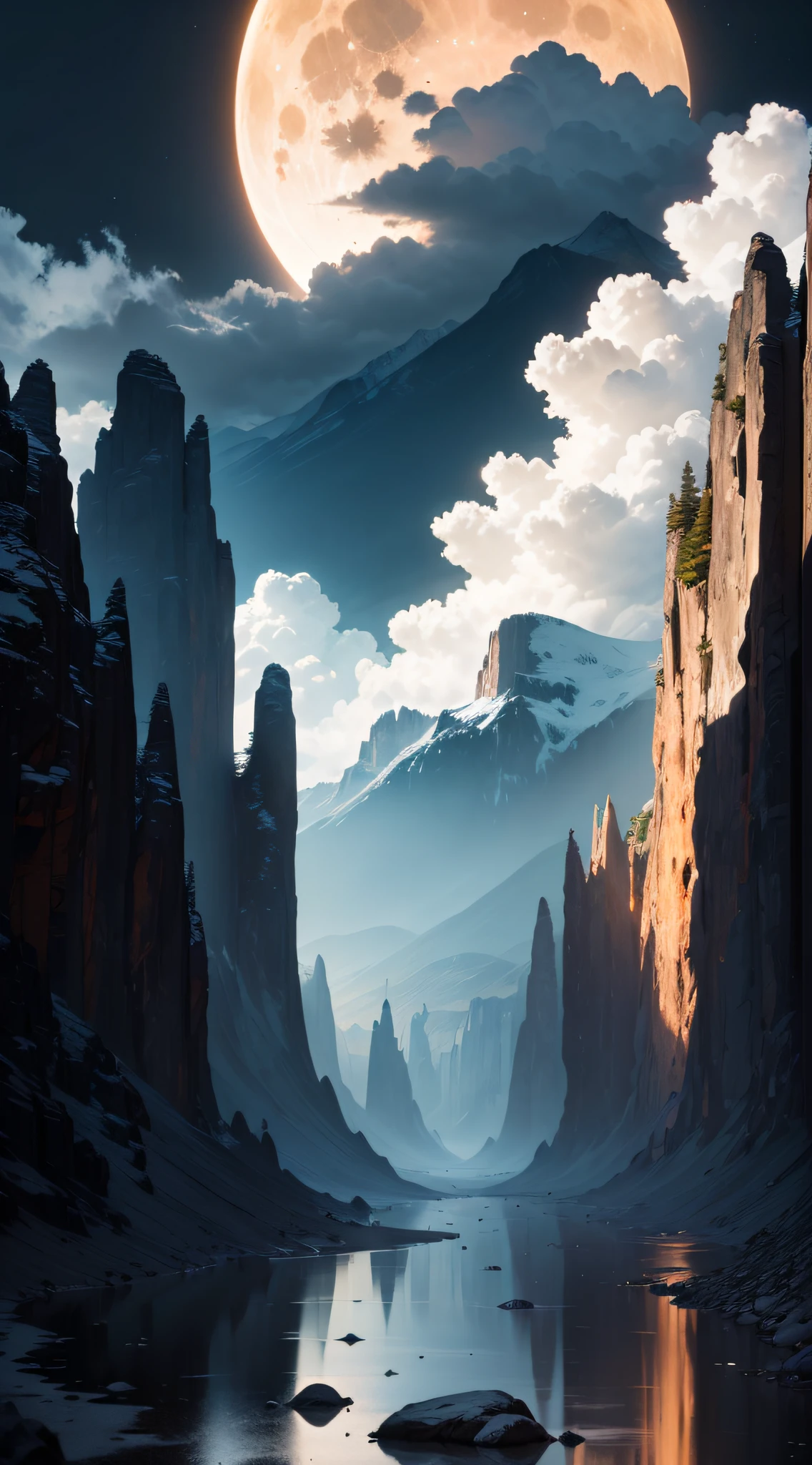 Enter a deep valley, surrounded by majestic rocky mountains that rise to the sky. The atmosphere is dense and gloomy, as if an imminent storm is about to fall. The air is fresh and charged with a mysterious energy. Despite the dark day, the moon shines in the sky, casting its pale rays over the scenery. These lunar rays penetrate through the thick clouds, creating a soft, ethereal illumination. The reflections of the moon dance on the walls of the mountains, creating a breathtaking view. The Rocky Mountains extend in all directions, forming an imposing and unchanging landscape. Its irregular, jagged shapes are enhanced by the silver reflections of the moon, creating a dramatic contrast between light and shadow. Looking around, you notice that the valley is dotted with small streams that wind between the rocks. The crystal clear water timidly reflects the moon's rays, creating a magical and mysterious sensation. Silence envelops the room, only broken by the distant sound of the wind howling between the crevices of the mountains. The wild and unspoiled nature of these mountains conveys a sense of serenity and power at the same time. As you move through the valley, the light of the moon gradually changes, creating an ever-changing atmosphere. The reflections on the walls of the mountains glow and disappear as the clouds move in the sky, providing a dynamic and unique experience. Get ready to marvel at the mystical beauty of the Rocky Mountains as the moon lends its light to create a dazzling, mystery-filled backdrop --auto