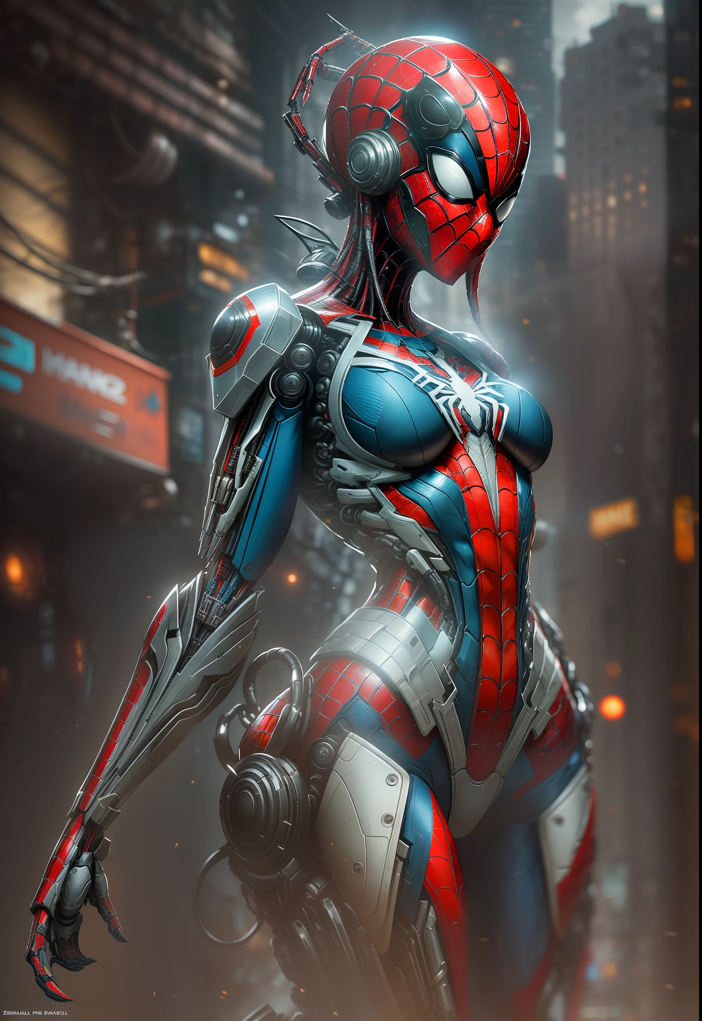 photo of Woman dressed as Spider-Man from Marvel, biomechanical, complex robot, full growth, hyper-realistic, insane small details, extremely clean lines, cyberpunk aesthetic, a masterpiece presented at Zbrush Central
