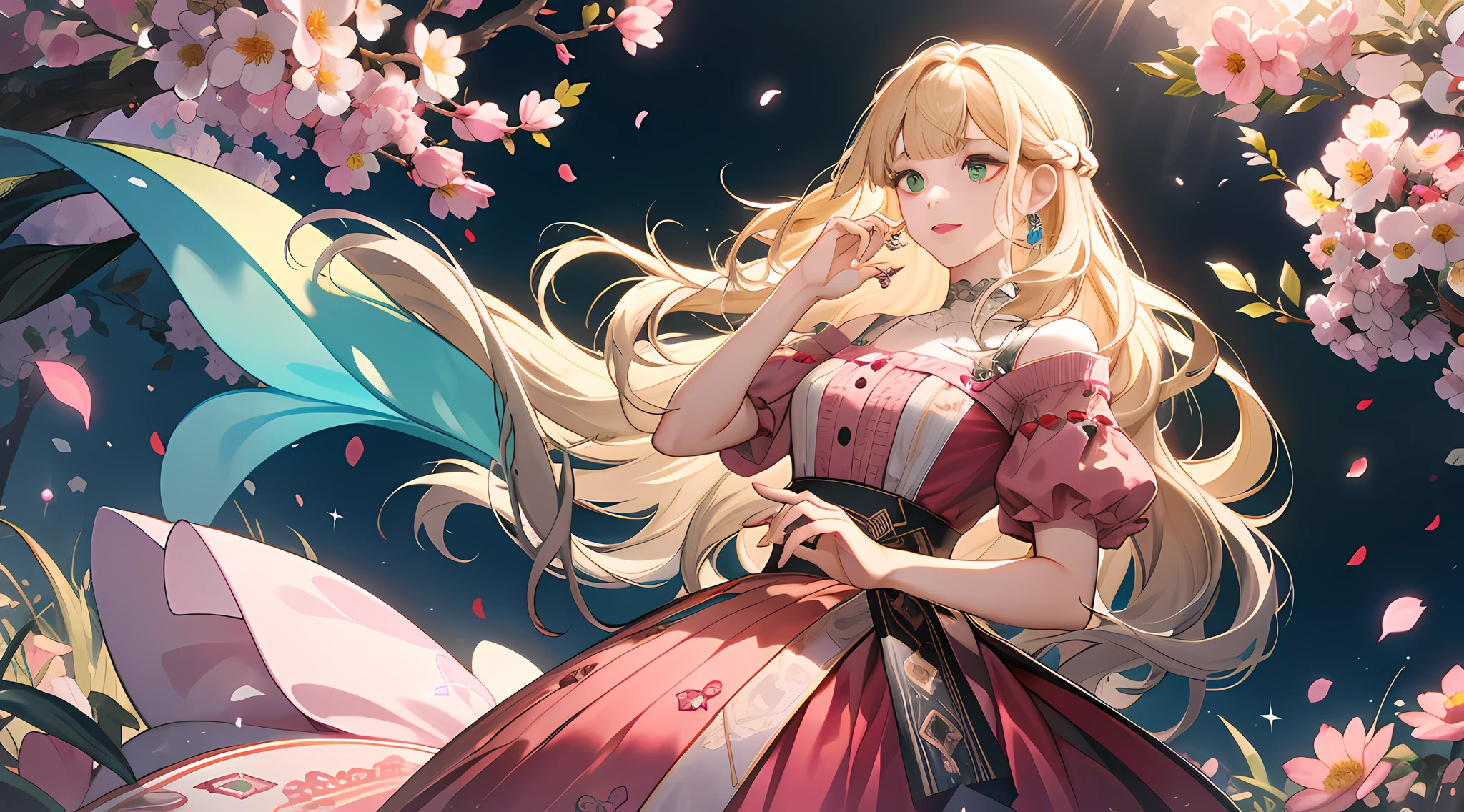 (absurdres, highres, ultra detailed), 1girl, mature female, wavy blonde hair, long hair, blunt bangs, green eyes, pink dress, finely detailed eyes and detailed face, extremely detailed CG unity 8k wallpaper, intricate details, BREAK , kaleidoscopic imagery, symmetrical patterns, vibrant colors, geometric shapes, mesmerizing designs, optical illusions, dynamic composition BREAK , pantomime art, expressive body language, silent storytelling, evocative gestures, visual narratives, theatrical performances BREAK , blooming flowers, colorful petals, fragrant scents, nature's bounty, vibrant gardens, peaceful scenery