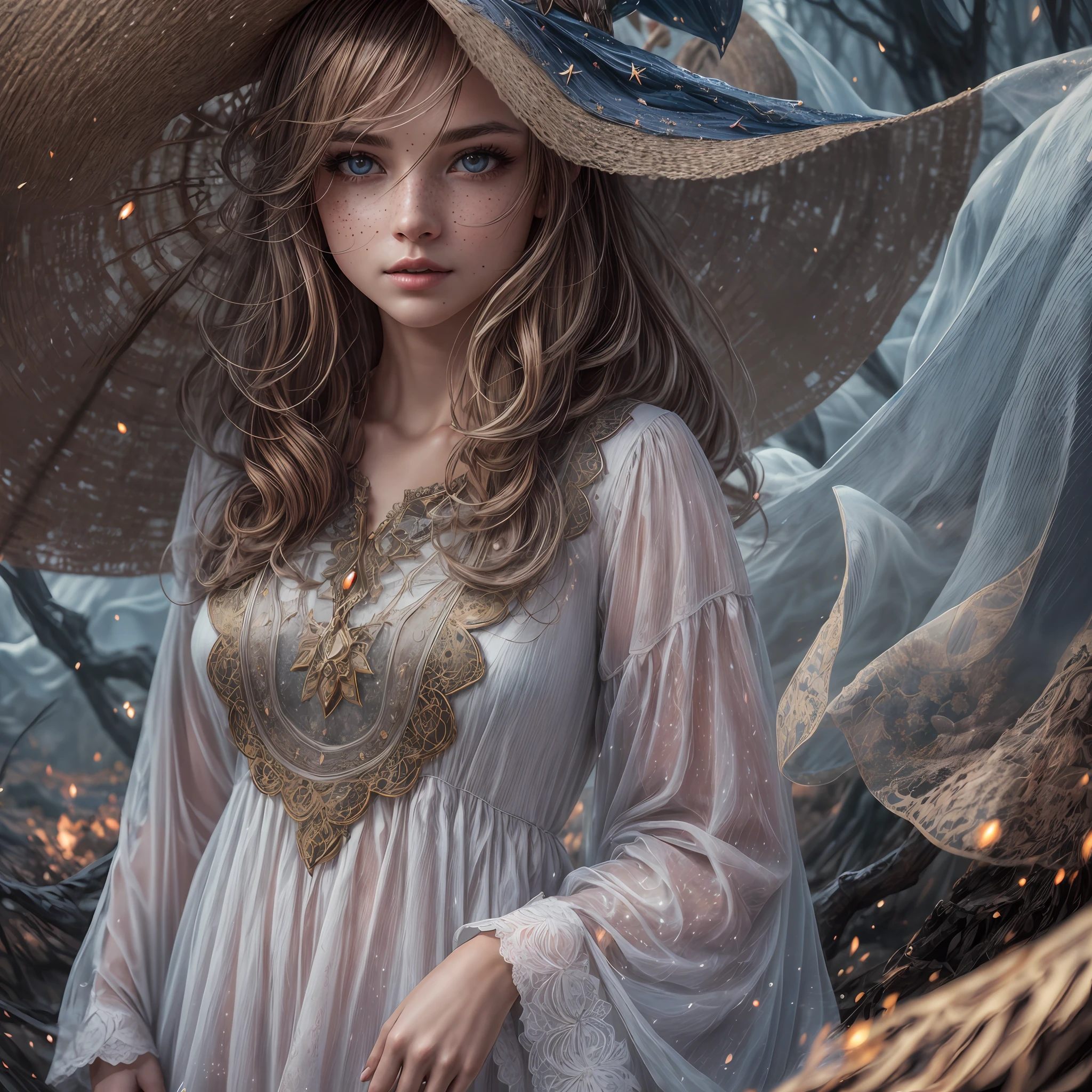 photorealistic, 35mm, intricate details, hdr, intricate details, hyperdetailed, natural skin texture, hyperrealism, sharp, 1 girl, adult (elven:0.7) woman, freckles, grey eyes, chestnut layered hair, portrait, looking down, solo, half shot, detailed background, witch hat, witch, magical atmosphere, hair flowing in the wind, red trimmed light colored clothes, whirlwind of swirling magic spell in the air, dark magic, (style-swirlmagic:0.8), floating particles, desolate battlefield background, backlighting, (((masterpiece))), (((masterwork))), ((top quality)), ((best quality)), ((highest quality)), ((highest fidelity)), ((highest resolution)), ((highres)), ((highest detail)), ((highly detailed)), ((hyper-detailed)), (((detail enhancement))), ((deeply detailed)), ((8k resolution)), awe inspiring, breathtaking, uhd, hdr, fhd, 8k, 16k, 32k, 64k, meticulous, intricate, intimate, nuanced, (((the most beautiful images in existence))), (((the most beautiful artwork in the world))), (raw photo, film grain), caustics, subsurface scattering, reflections,