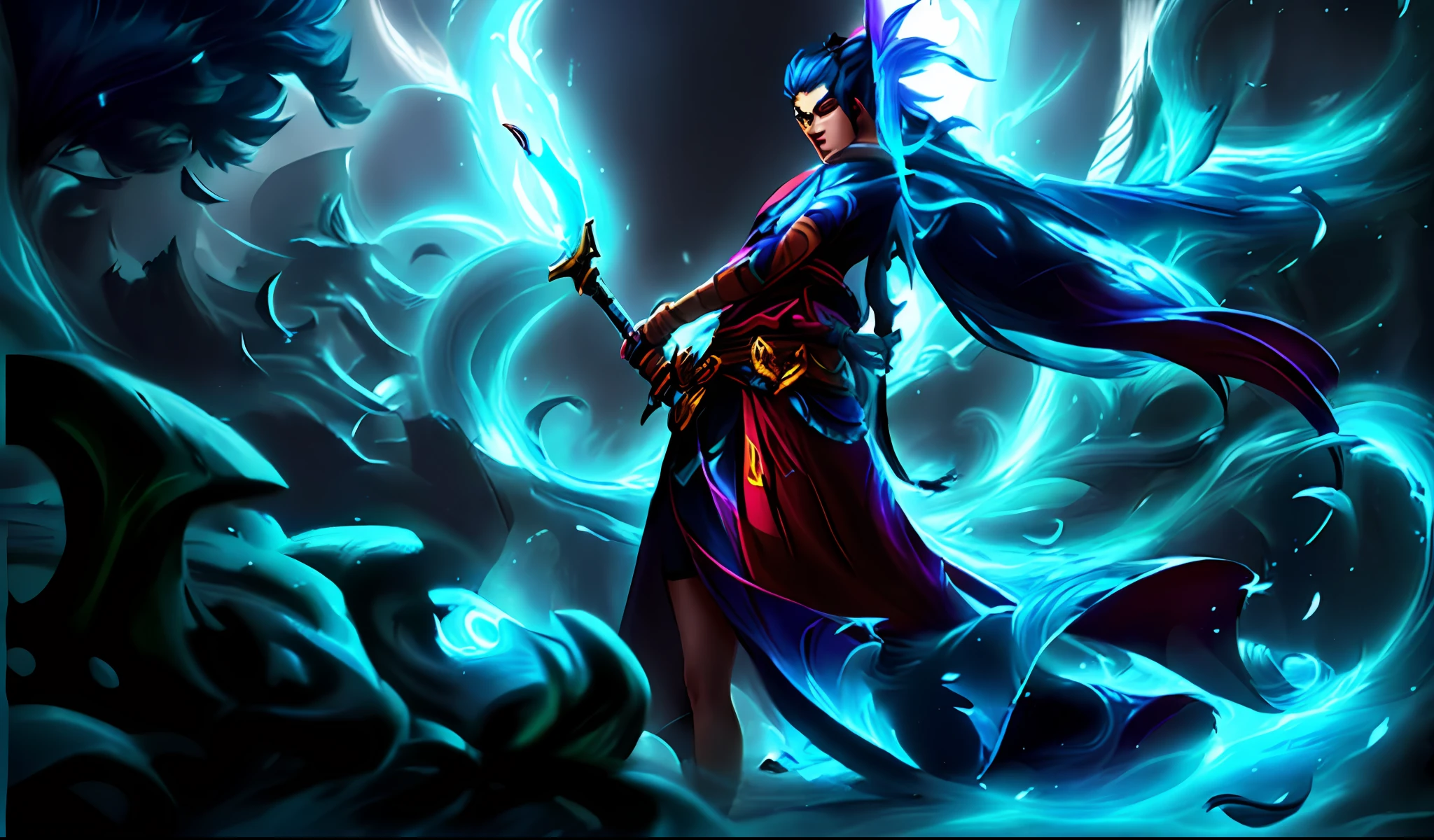 imagem arafed de um Womem com uma espada em uma floresta escura, Arte conceitual da Riot Games, League of Legends arte splash, Arte conceitual de League of Legends, Arte do personagem de League of Legends, Arte de League of Legends, iconic character splash art,Yasuo, Yone de League of Legends, arte detalhada onmyoji, de League of Legends, Splashart de League of Legends