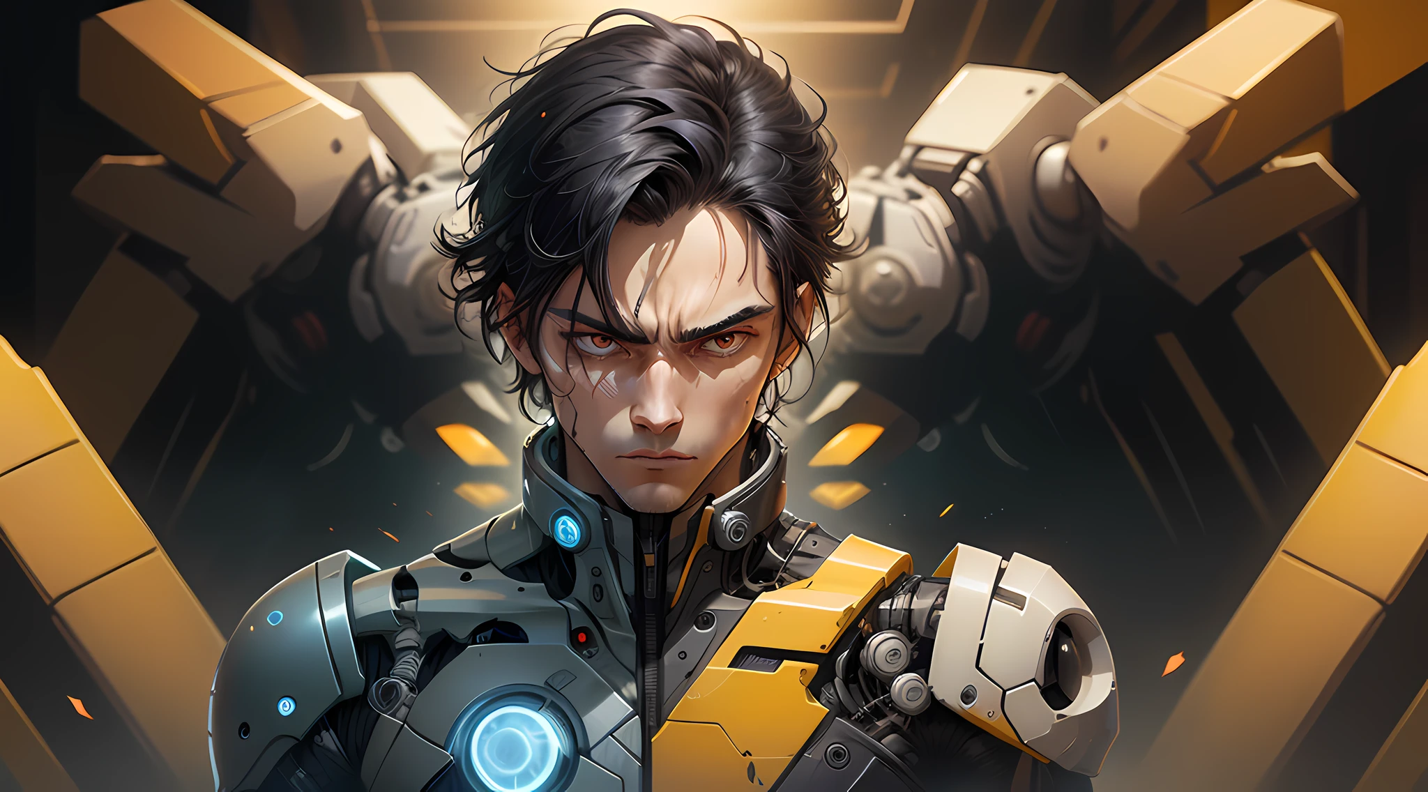 (Robots: 1.5) 1 man with eyes of light and face of anger, Bright eyes, Black hair, powerful supersuit tight torn, in a dark and lightless city, aura of brilliant power, Dynamic pose, dynamic vision