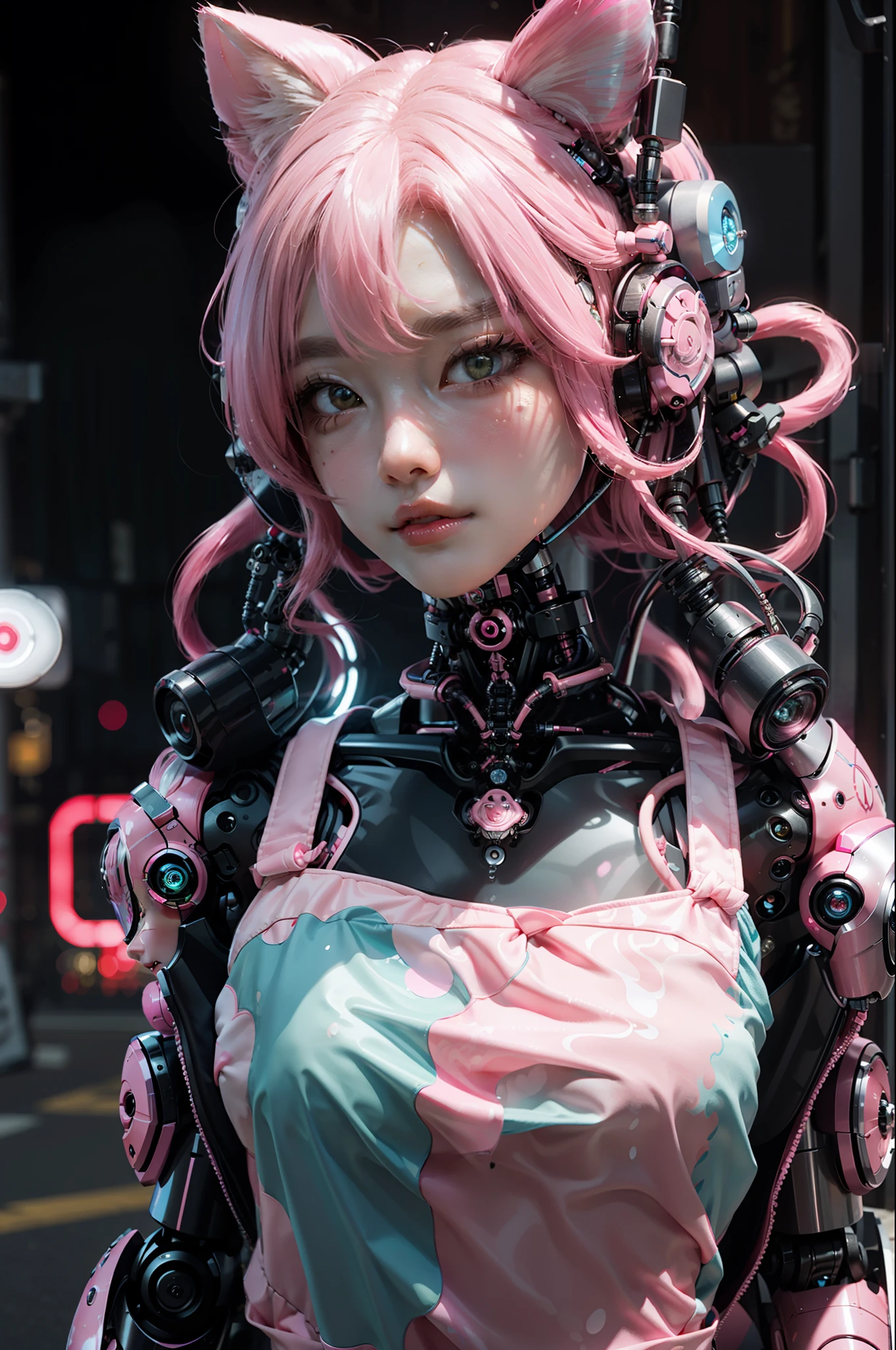 there is a hello kitty doll with a pink dress and pink hair, hello kitty, fully robotic!! cat, by jeonseok lee, cyborg kitten, by Russell Dongjun Lu, anime robotic mixed with organic, sofubi, intricate ornate anime cgi style, fully robotic!! catgirl, made out of plastic, pink iconic character, character is covered in liquid