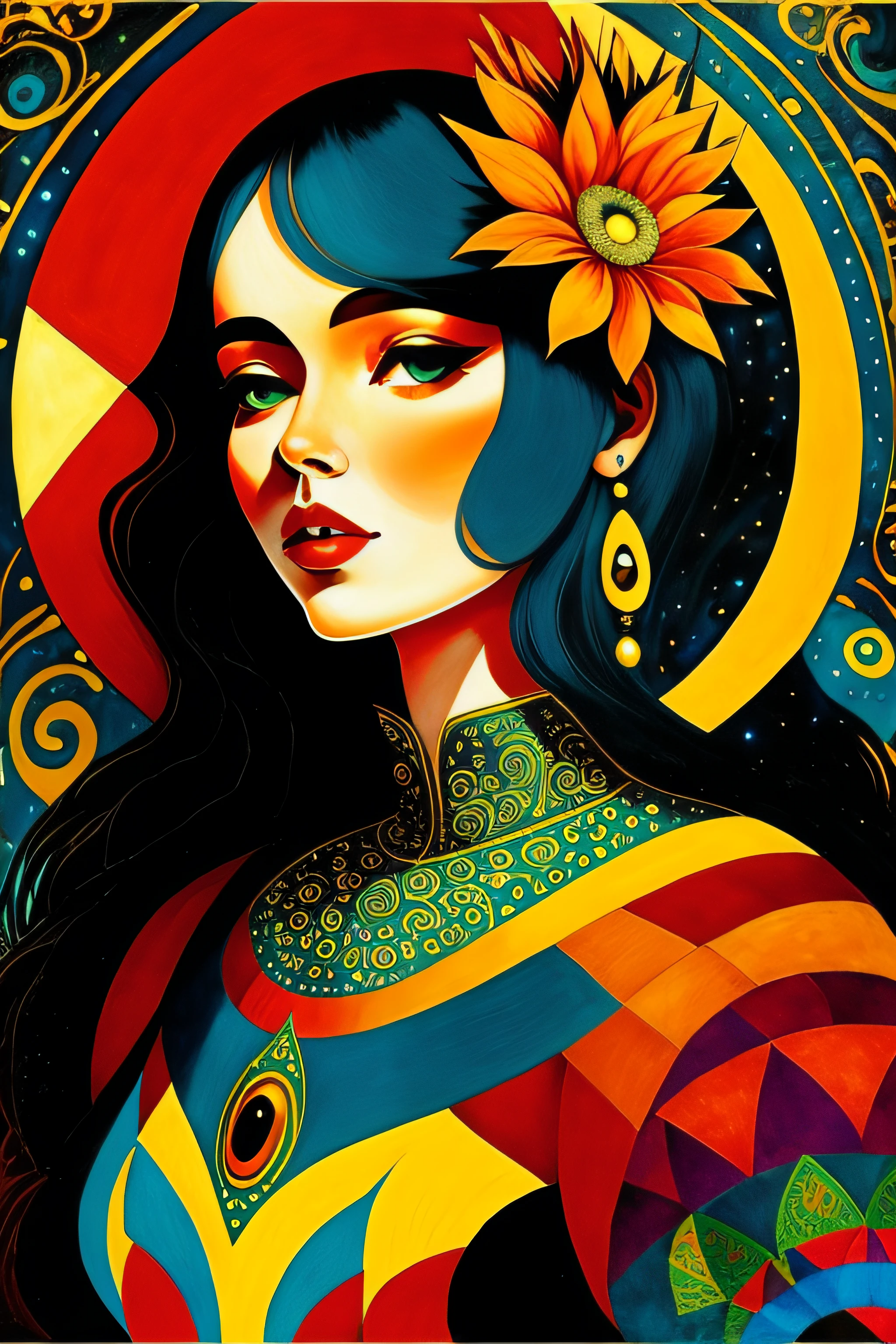 (obra maestra, calidad superior, mejor calidad, arte oficial, Beautiful and Aesthetic: 1.2), (1girl: 1.3), extremadamente detallado, (Arte fractal: 1.1), (colorido: 1.1) (flores: 1.3), highest detailed, (Zentangle: 1.2), (dynamic posing), (fondo abstracto: 1.3), (piel brillante), (muchos colores: 1.4), ,(pendientes), (plumas: 1.5) , (lanzallamas: 1.3), fondo rojo, Phoenix dress, la mirada de Gustav Klimt, Beksinski, Tamara Lempicka, La noche estrellada de Van Gogh, Los colores de Afremov, El estilo de Paul Klee, Gustav Klimt's lines, El azul de Marc Chagall, El balance de Vasily Kandinsky. Chica brillante, Heltaskelta, Sol de tormenta, Naïve style of Amandine Van Ray's lines, estilo de las formas de Sonia Delaunay