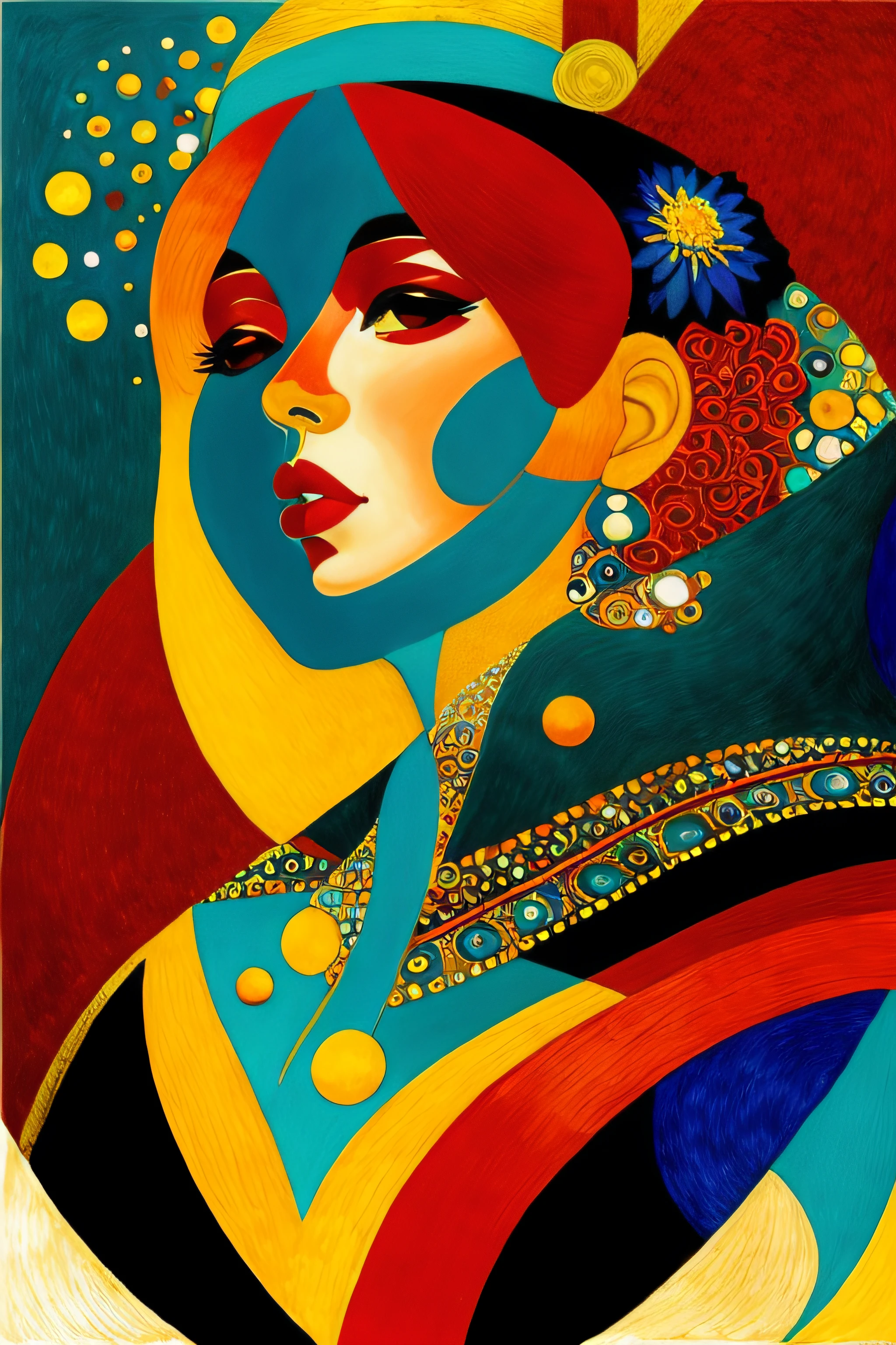 (obra maestra, calidad superior, mejor calidad, arte oficial, Beautiful and Aesthetic: 1.2), (1girl: 1.3), extremadamente detallado, (Arte fractal: 1.1), (colorido: 1.1) (flores: 1.3), highest detailed, (Zentangle: 1.2), (dynamic posing), (fondo abstracto: 1.3), (piel brillante), (muchos colores: 1.4), ,(pendientes), (plumas: 1.5) , (lanzallamas: 1.3), fondo rojo, Phoenix dress, la mirada de Gustav Klimt, Beksinski, Tamara Lempicka, La noche estrellada de Van Gogh, Los colores de Afremov, El estilo de Paul Klee, Gustav Klimt's lines, El azul de Marc Chagall, El balance de Vasily Kandinsky. Chica brillante, Heltaskelta, Sol de tormenta, Naïve style of Amandine Van Ray's lines, estilo de las formas de Sonia Delaunay