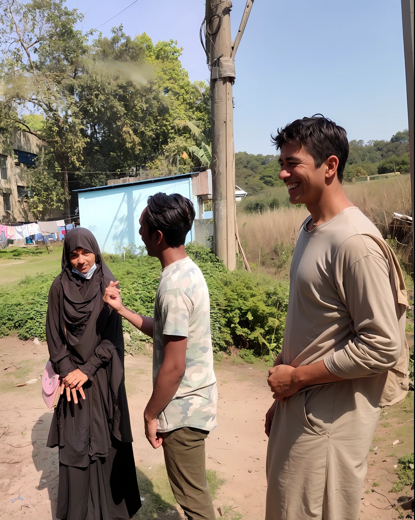 there is a man and woman standing in a field talking, candid picture, thought provoking, still from a movie, with a kid, mutahar laughing, facebook post, thought-provoking, wpol and sarasti, while smiling for a photograph, captured on iphone, behind the scenes, very very low quality picture, scene from a movie, still from the movie