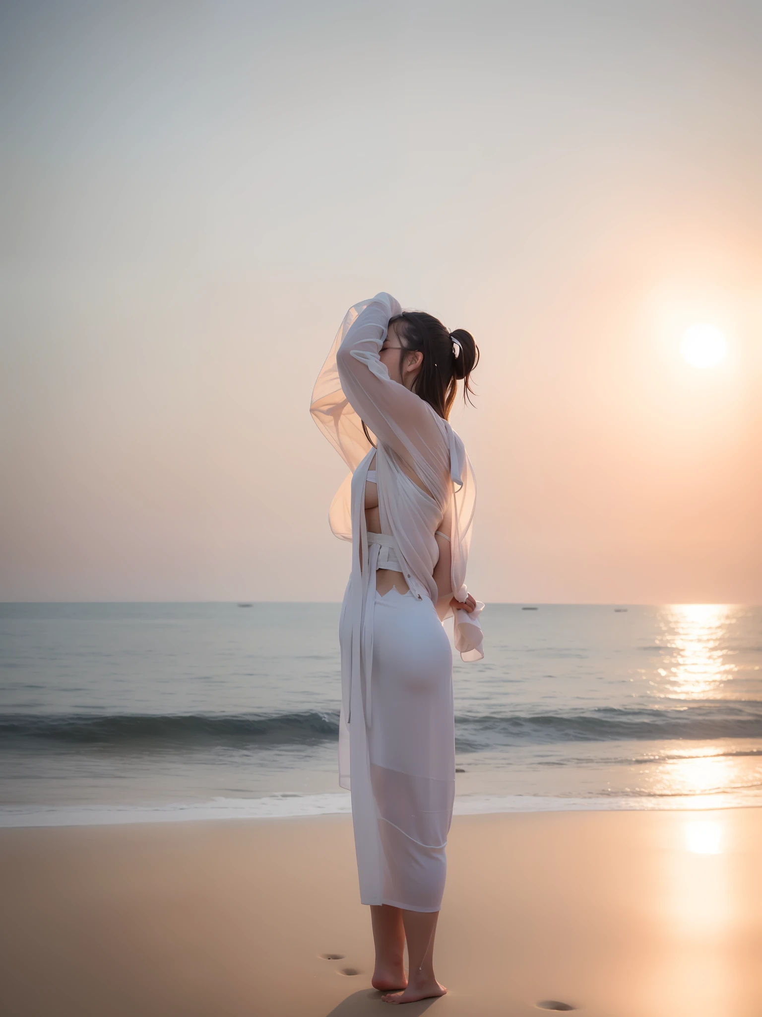 There was a woman standing on the beach, posing on a beach with the ocean, woman on the beach, wearing white clothes, wearing white cloth, on the seashore, girl looking at the ocean waves, white sarong, in a beachfront environment, flowing white robes, wearing a haori, On a sunny day, wearing long white robe