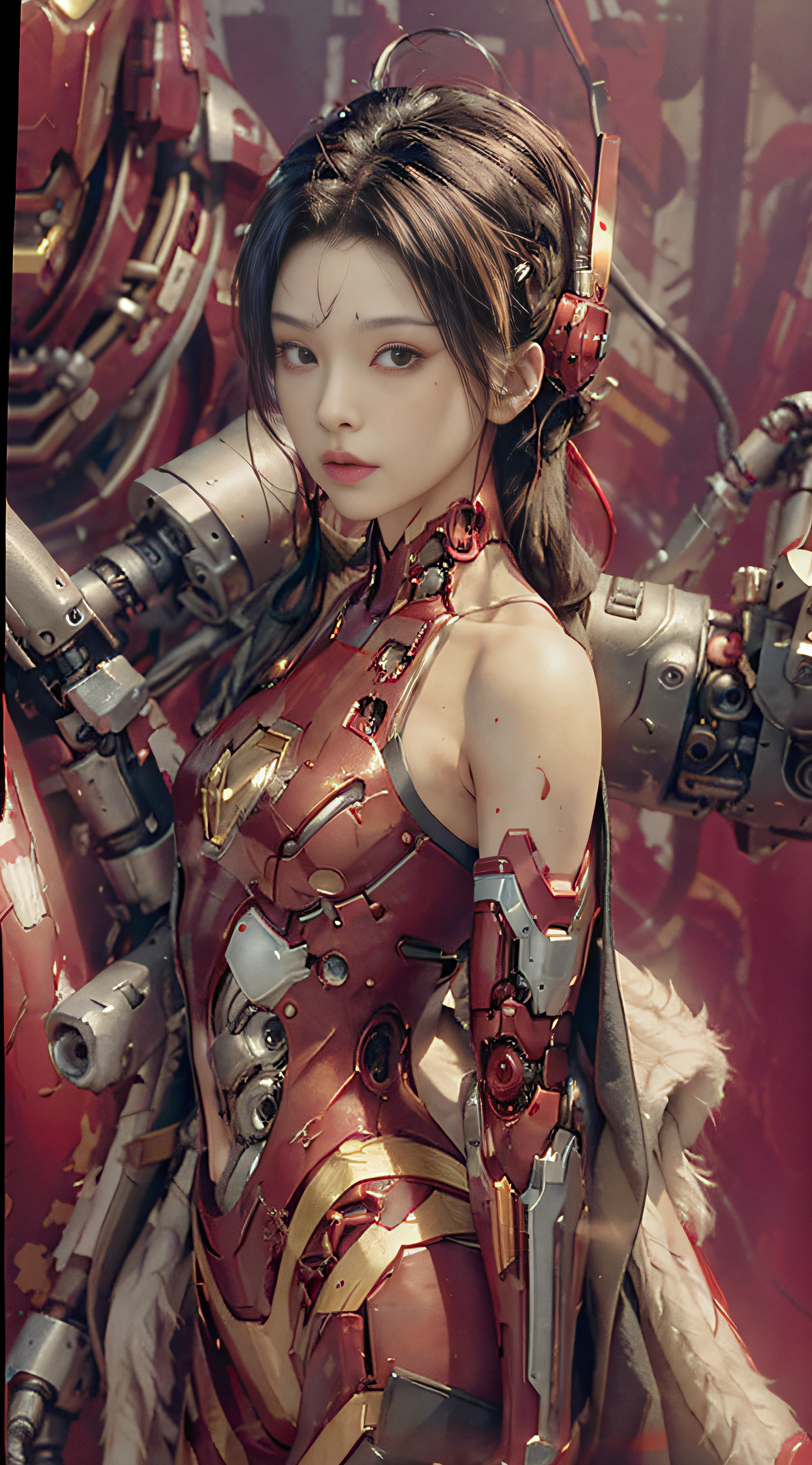 Cyberpunk, futuristic, mechanical aesthetics, ((red and white cyborg body: 1.8)), (flat-chested: 1.2), Iron Man,