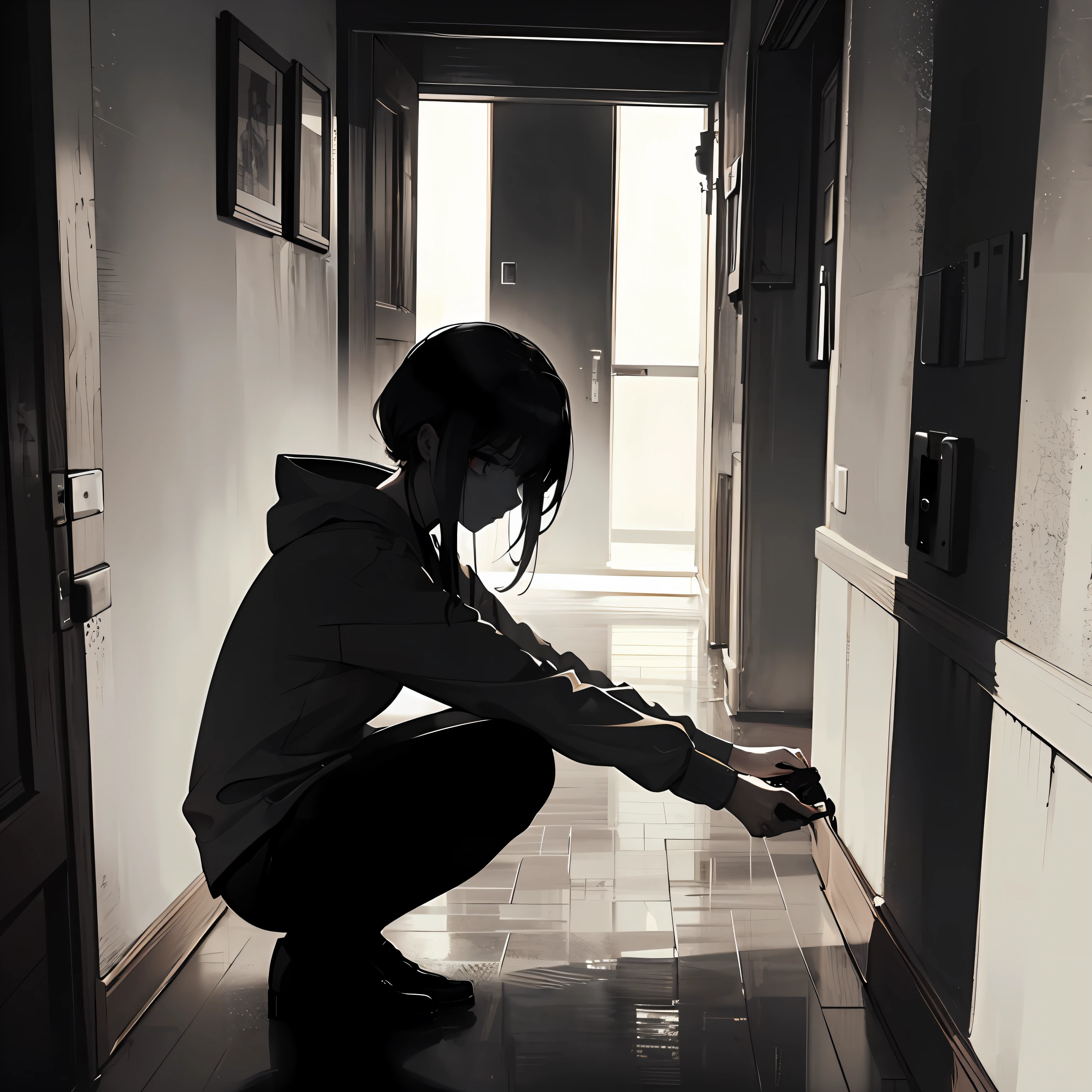 A person squats in a dark corner,Very scared,helpless,Alone,There are only faint lights around,Silently,Slowly reveal a figure or ghostly presence hidden in the shadows。Tension and horror atmosphere。 --auto