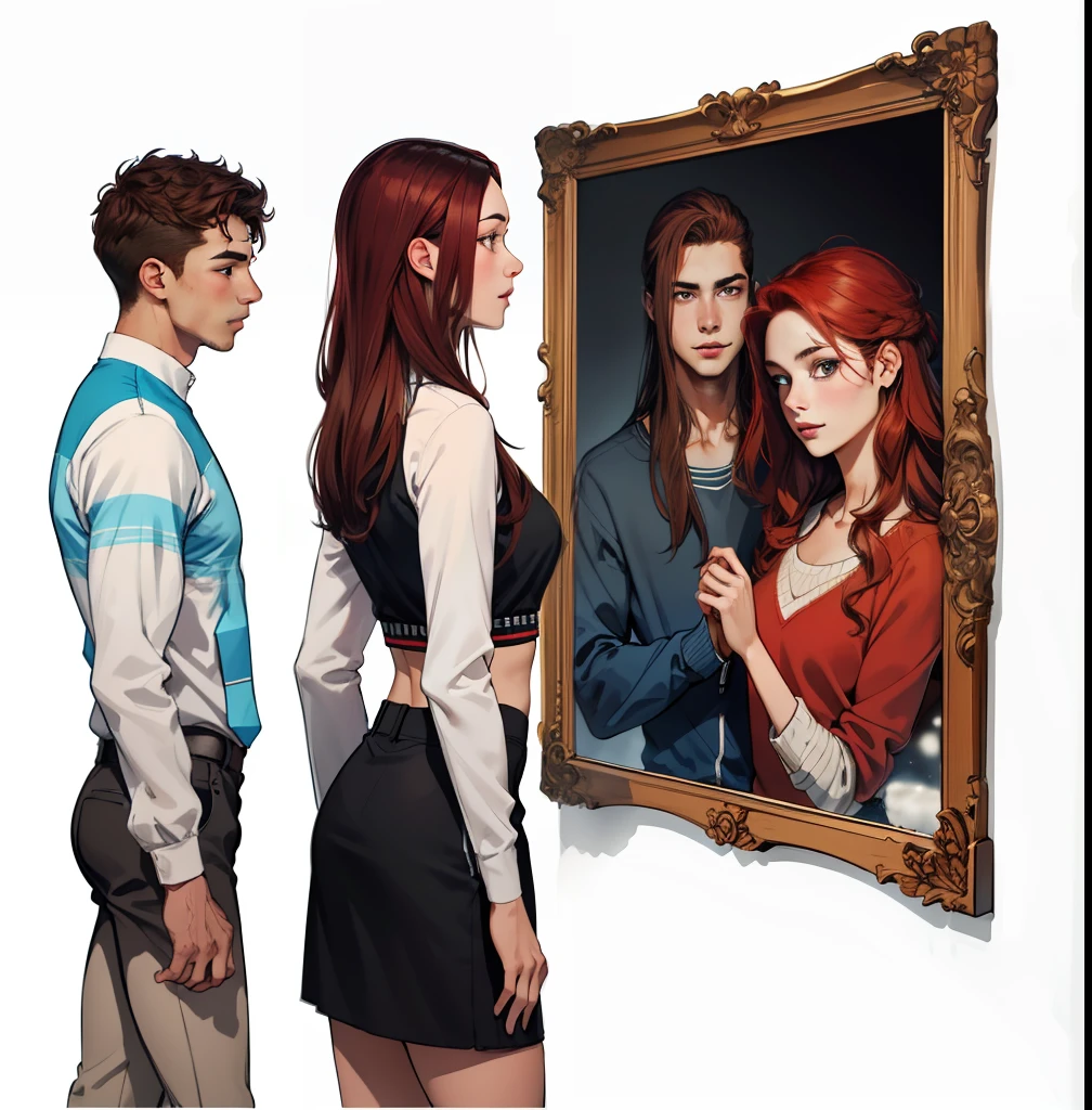 "A long-haired red-haired woman wearing winter clothes, next to a young man with brown hair, looks at a picture on the wall in an office."