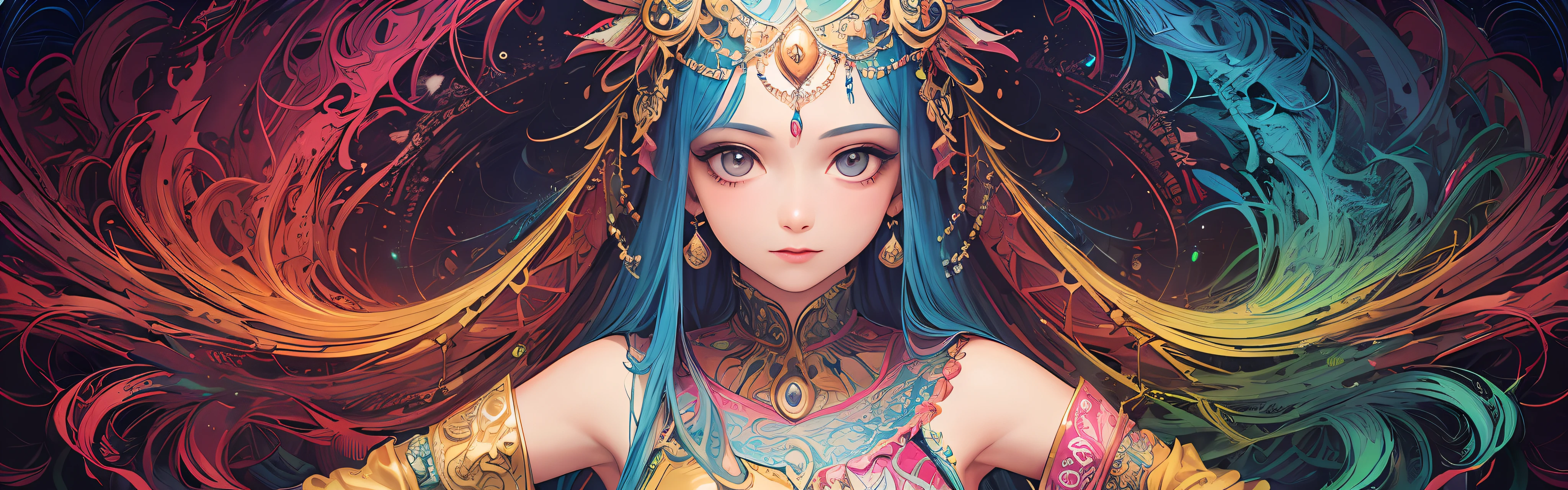 (masterpiece, top quality, best quality, official art, beautiful and aesthetic:1.2), (1girl:1.3), extremely detailed,(fractal art:1.2),colorful, highest detailed,(zentangle:1.2), (dynamic pose), (abstract background:1.5), (treditional dress:1.2), (shiny skin), (many colors:1.4), upper body