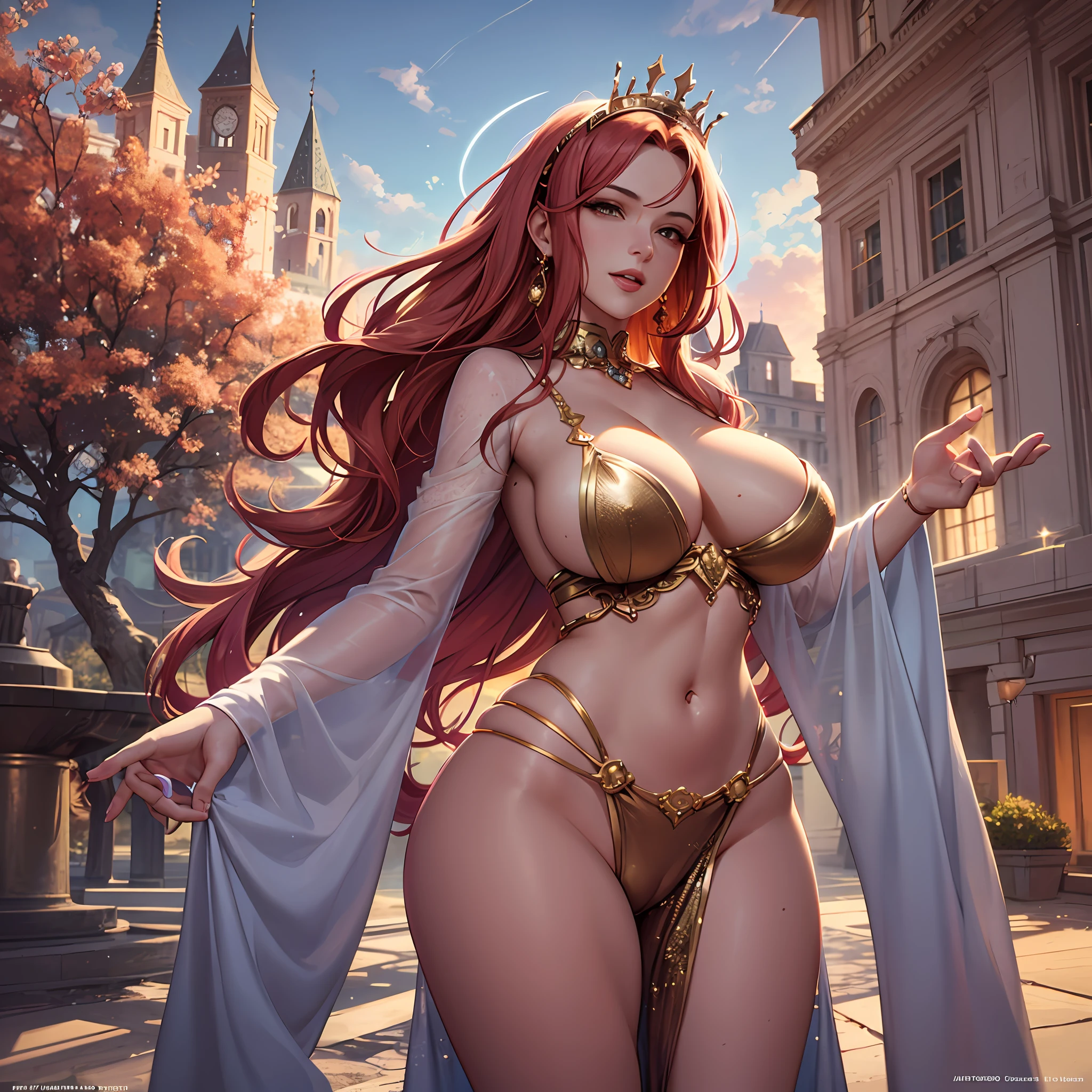 A stunning sun empress stands in the desert, surrounded by cinote and sunbeams. Her eyes, face and skin are intricately detailed, showing her maturity and beauty. Her body is tall and curvy, with perfectly shaped breasts and thighs that draw attention. She wears a golden crown and a halo, signifying her divine status. Golden sparks and lightning emanate from her, creating a dazzling contrast with the orange sky. She is in the middle of a sacred ceremony, but she looks relaxed and happy. She wears a transparent silk robe that reveals her naked body underneath, including her cameltoe. She has red hair with freckles, huge breasts with underboob, and a blend of Bella Hadid and Jourdan Dunn's features. She is speaking and laughing with someone off-screen, enjoying the festival atmosphere. The background shows a detailed castle with realistic shadows and textures. This is a 4K highly detailed digital art, rendered with octane, in 8K resolution. It is a concept art for a fantasy project by Mappa studios, in the style of ligne claire and cool colors. It is a masterpiece of realism and composition, and it is trending on Artstation. It is an official art, an illustration, and a nsfw work.