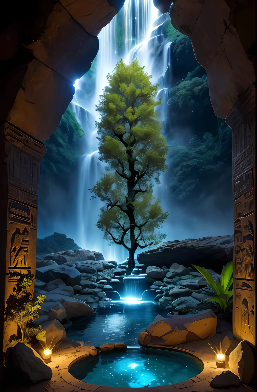 Amazing Ancient Ruins Inspired Luxurious Futuristic Interior in Ancient Egyptian Style with Many ((Plantas exuberantes)) (lotus flowers), ((palmeiras)), paredes rochosas, (areia), ((waterfalls)) (marble), ((minerais preciosos)), ((metal)), (Pedras preciosas), Cristais, nuvens e ((water)), (hieroglyphics), ((trees and plants made out of gemstones and precious minerals and lights)), Eywa tree, (((Ultra Luxo))), (black marble) – with ((belas luzes)), Motor irreal, QG, 16k