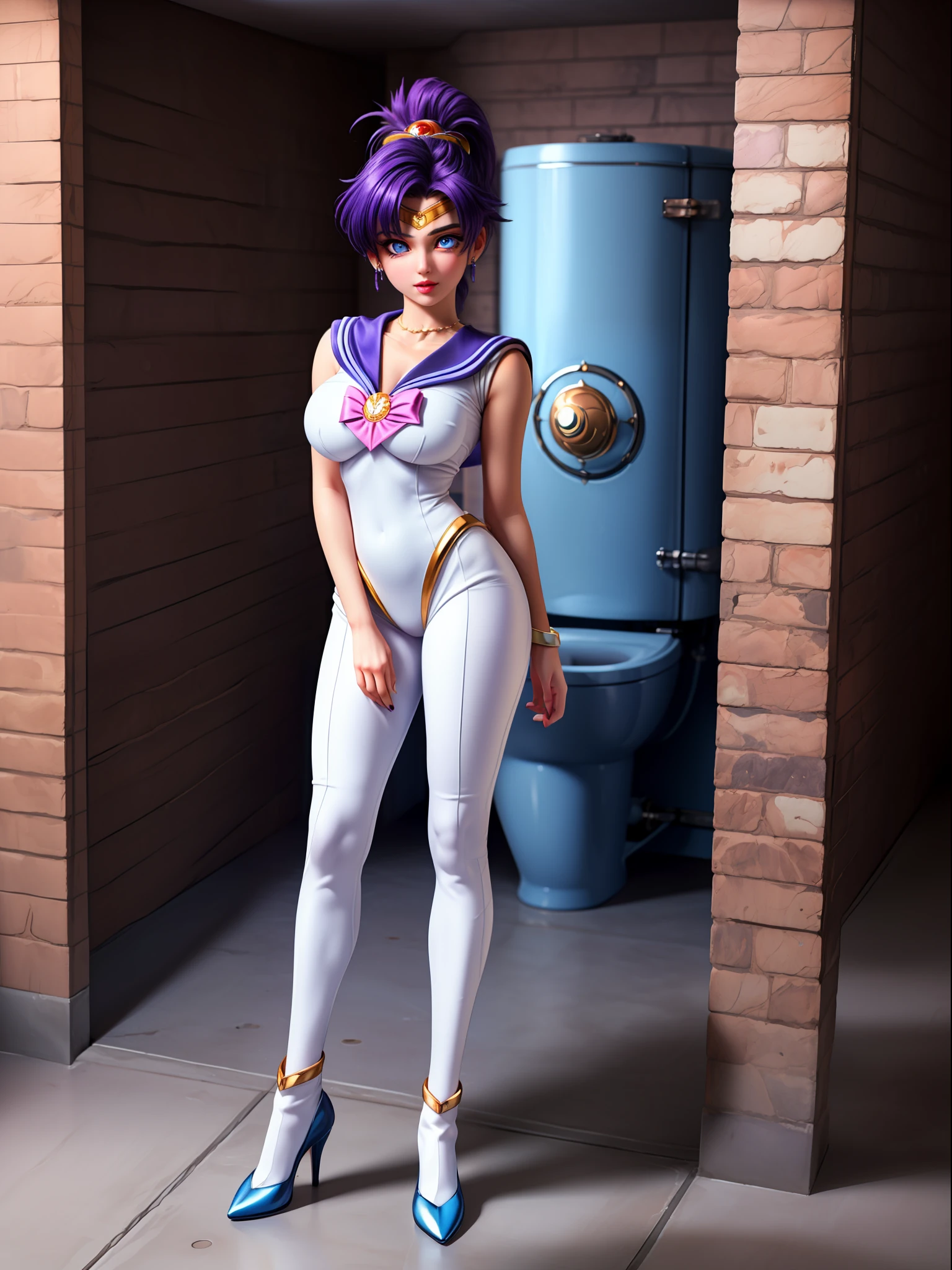 ((full body, standing):1.5), ((1 woman only):1.2), wearing {((Sailor Moon costume, white with blue parts, extremely tight body):1.2)}, has {((extremely giant breasts) ):1.2)}, {((she has purple hair, very short, mohawk, blue eyes):1.2)}, she is looking at the viewer, {look of pure pleasure, expression favila of pure pleasure, {she is leaning against on a pole, posing erotic for the viewer},((very detailed face, very detailed eyes):1.5), {Background, school bathroom full of toilets):1.2)}, 16k, high quality, high detail, UHD