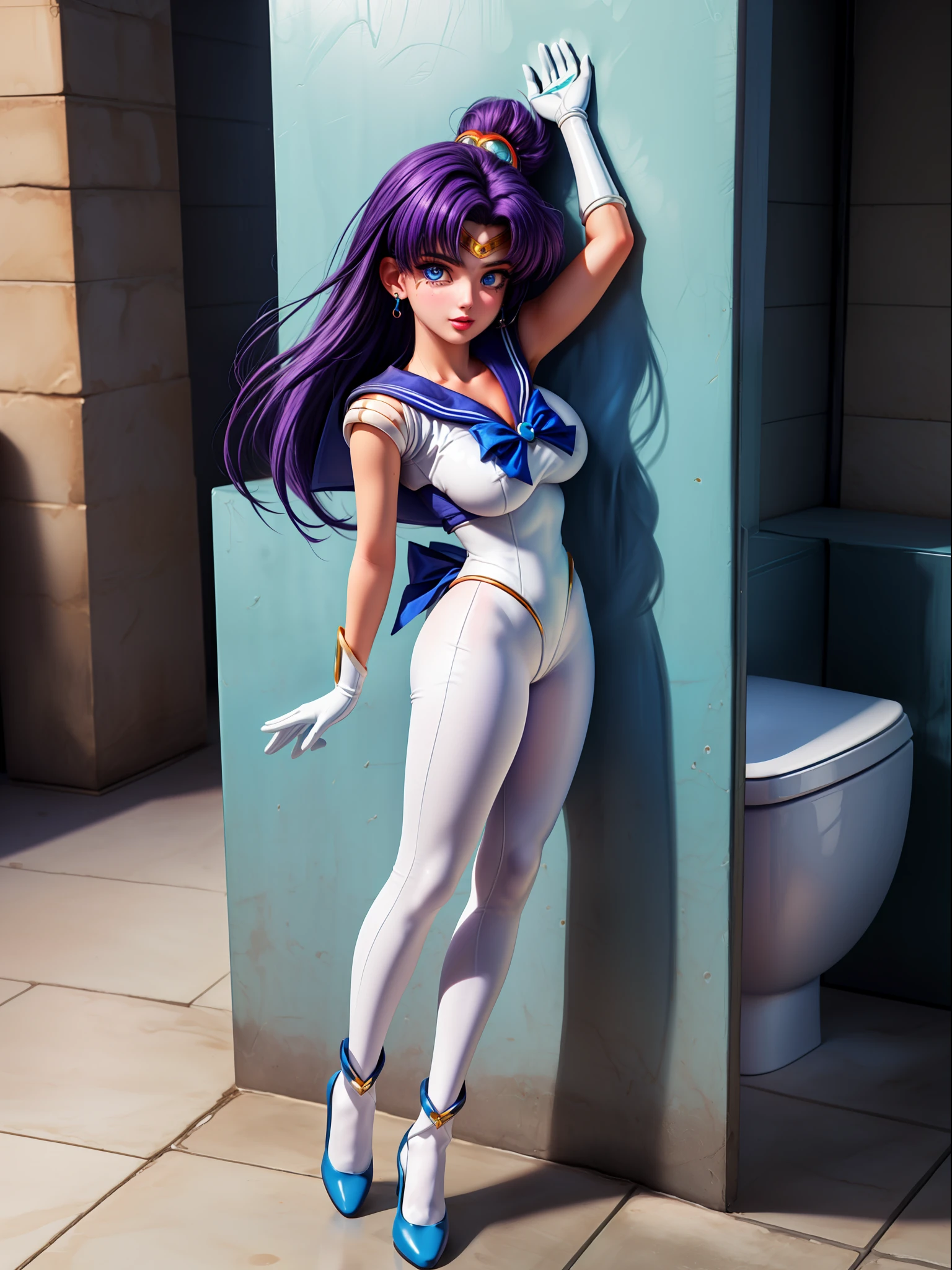 ((full body, standing):1.5), ((1 woman only):1.2), wearing {((Sailor Moon costume, white with blue parts, extremely tight body):1.2)}, has {((extremely giant breasts) ):1.2)}, {((she has purple hair, very short, mohawk, blue eyes):1.2)}, she is looking at the viewer, {look of pure pleasure, expression favila of pure pleasure, {she is leaning against on a pole, posing erotic for the viewer},((very detailed face, very detailed eyes):1.5), {Background, school bathroom full of toilets):1.2)}, 16k, high quality, high detail, UHD