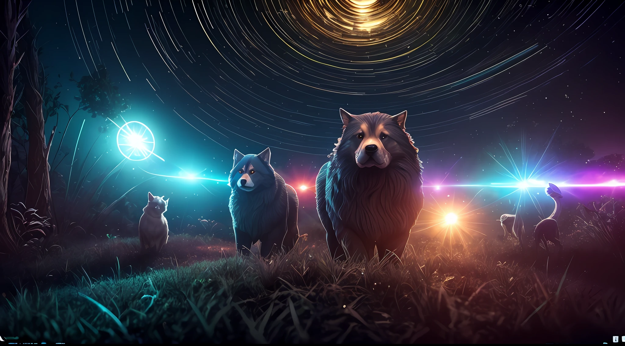 Three-headed dog in utopian forest with astronaura outfit, cinematrográfico, Photo Session, filmado em lente 50 mm, Campo Proundidade, Tilt Blur, velocidade do obturador 1/1000, F/22, white-balance, 32k, Super Resolution Pro Photo RGB, Illuminação partial frontal, luz de fundo, dramatic  lighting, incandecente, Soft illumination, volumetric, Story time, global illumination lighting, screen space illumination, disperção, Sombras, ríspido, Cintilante, Lumen reflections, Reflections from screen space, Diffraction gradation, Chromatic Aberracao, Deslocamento de GB, typing lines, Ocluão de Ambiente, Anti-aliasing, FKAA, TXAA, RTX, SSAO, os-processing, post - production, Cell Shading, Mapeamento de Tons, ....cgi, VFX, SFX, incrivelmente detalhado e intrincado, Hiper maximalista, elegante, dinamic pose, fotografia, Volutric, ultra-detalhado, detalhes intrincados, super detalhado, Environment –Uplight –v 4 –q 2 Negative prompts --auto