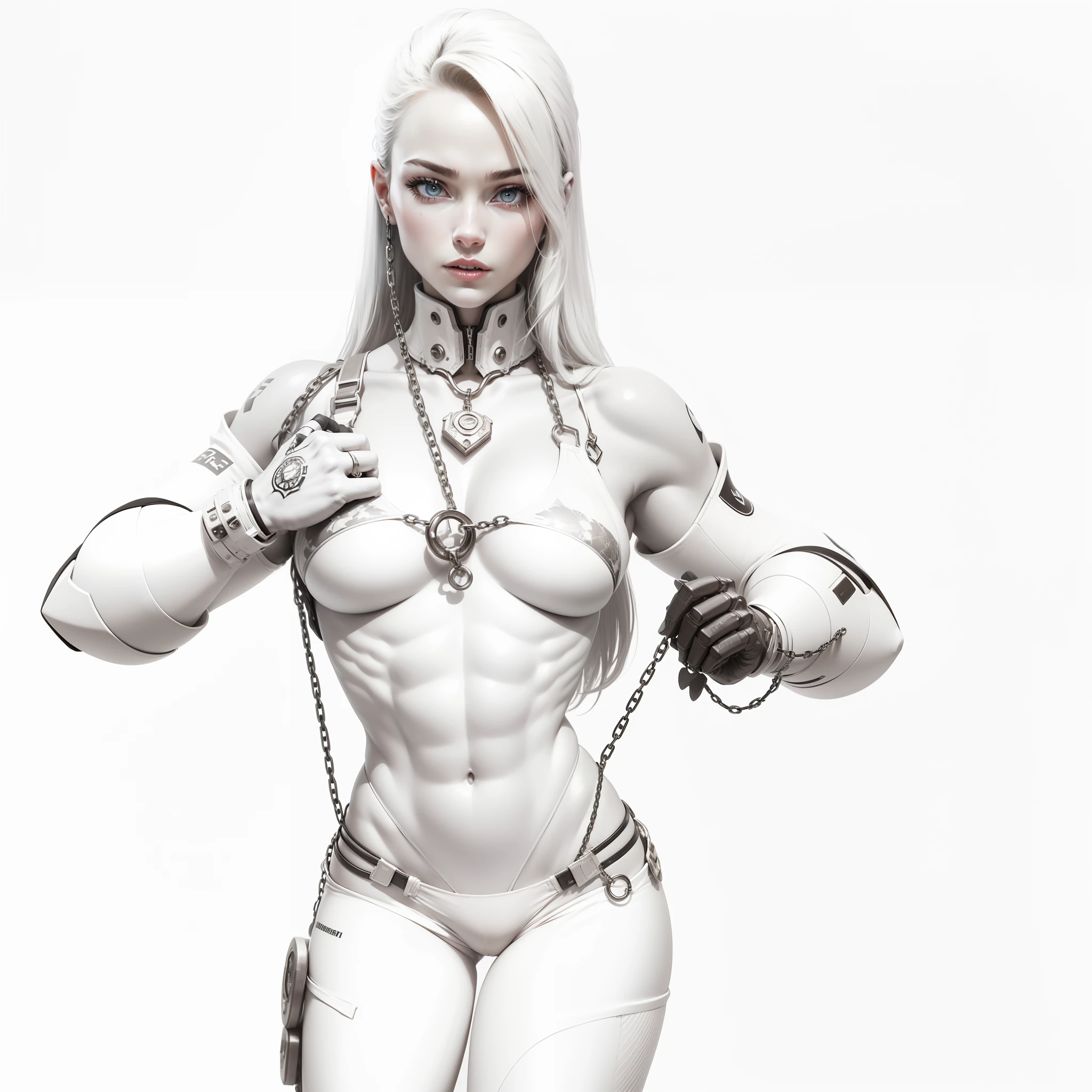 1 woman, realistic, with chain in boddy, detailed skin, detailed face, bikini transparn, robo pants, highligt image, perfect, robo, muscle,