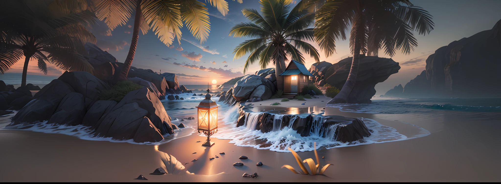 there is a lantern on the beach near a small house, realistic fantasy rendering, bela arte digital, Arte digital altamente detalhada em 4k, 8k arte impressionante, bela cena detalhada, paisagem do mar da fantasia, paisagem fotorrealista, paisagem realista, stuning fantasia 3 d render, paisagem lindamente iluminada, 3d rendering stylized, 3 d render stylized, breathtaking render