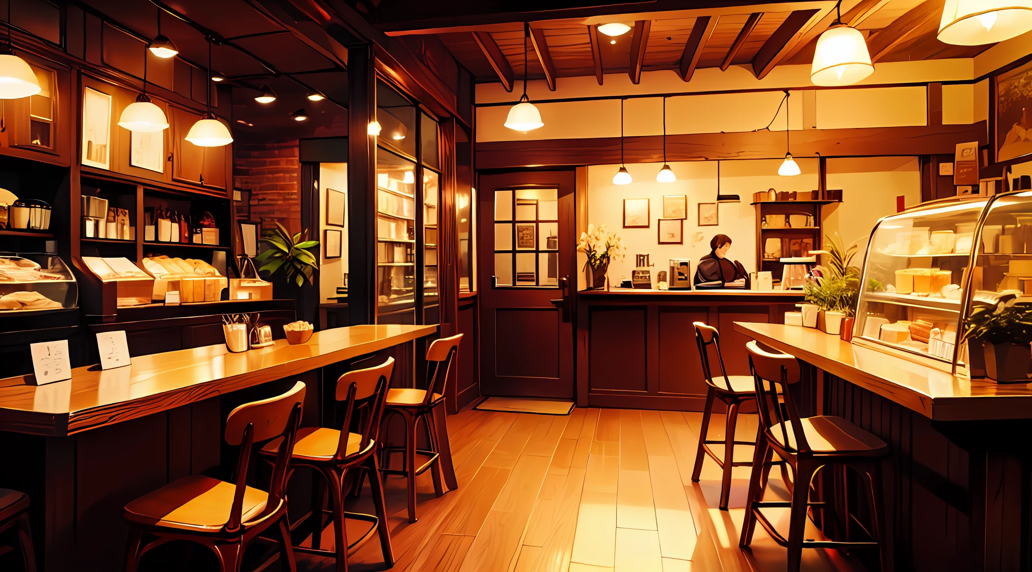 there is a restaurant with a counter and a counter with chairs, cafe interior, pleasant cozy atmosphere, coffee shop, cosy atmosphere, cafes, warm and joyful atmosphere, a wide full shot, Nostalgic atmosphere, warm lighting inside, cosy atmosphere, a multidimensional cozy tavern, warmly lit posh study, brightly lit - style atmosphere, dimly-lit cozy tavern