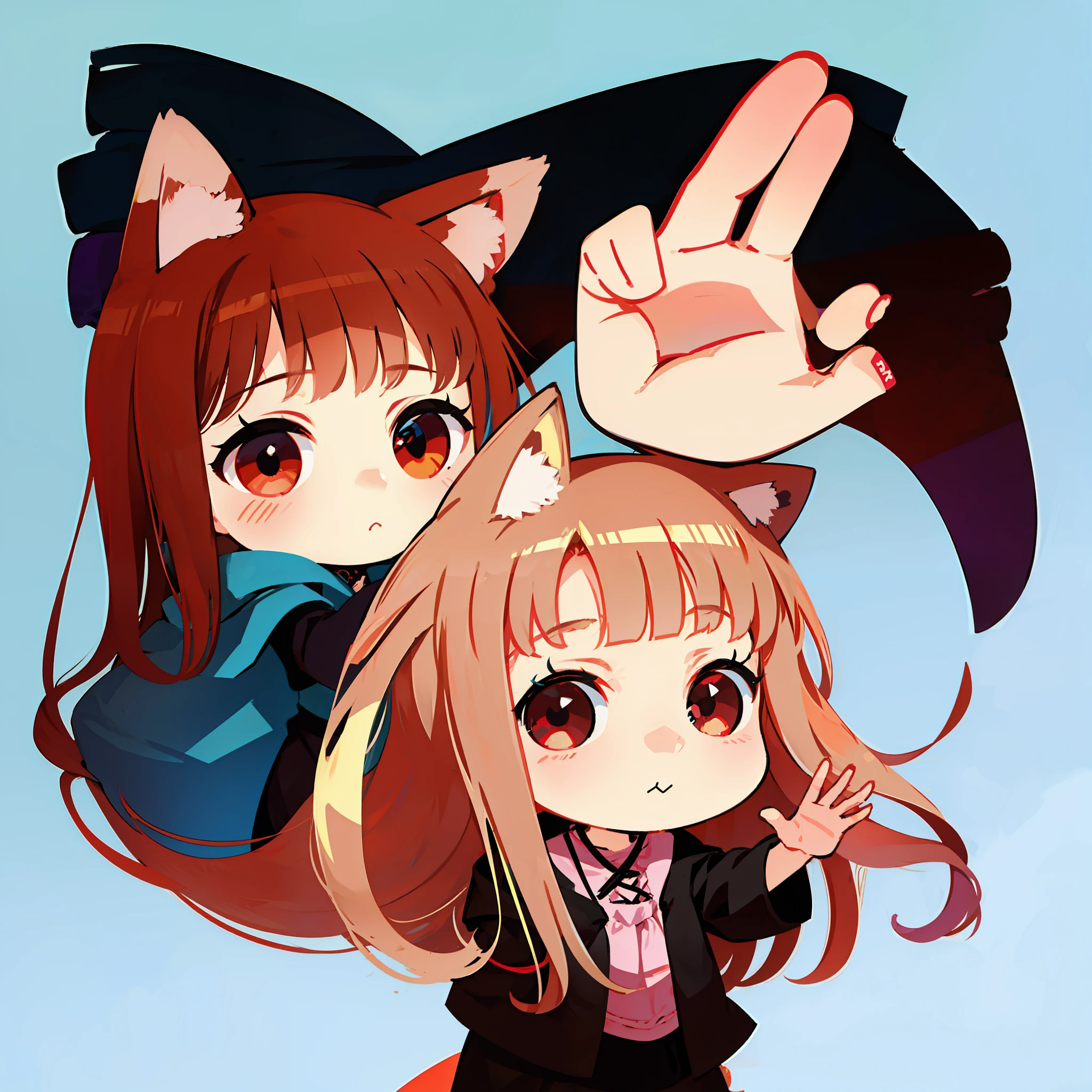 Chibi Holo, chibi girl, waving at the camera, like saying bye, cute, pretty, simple background