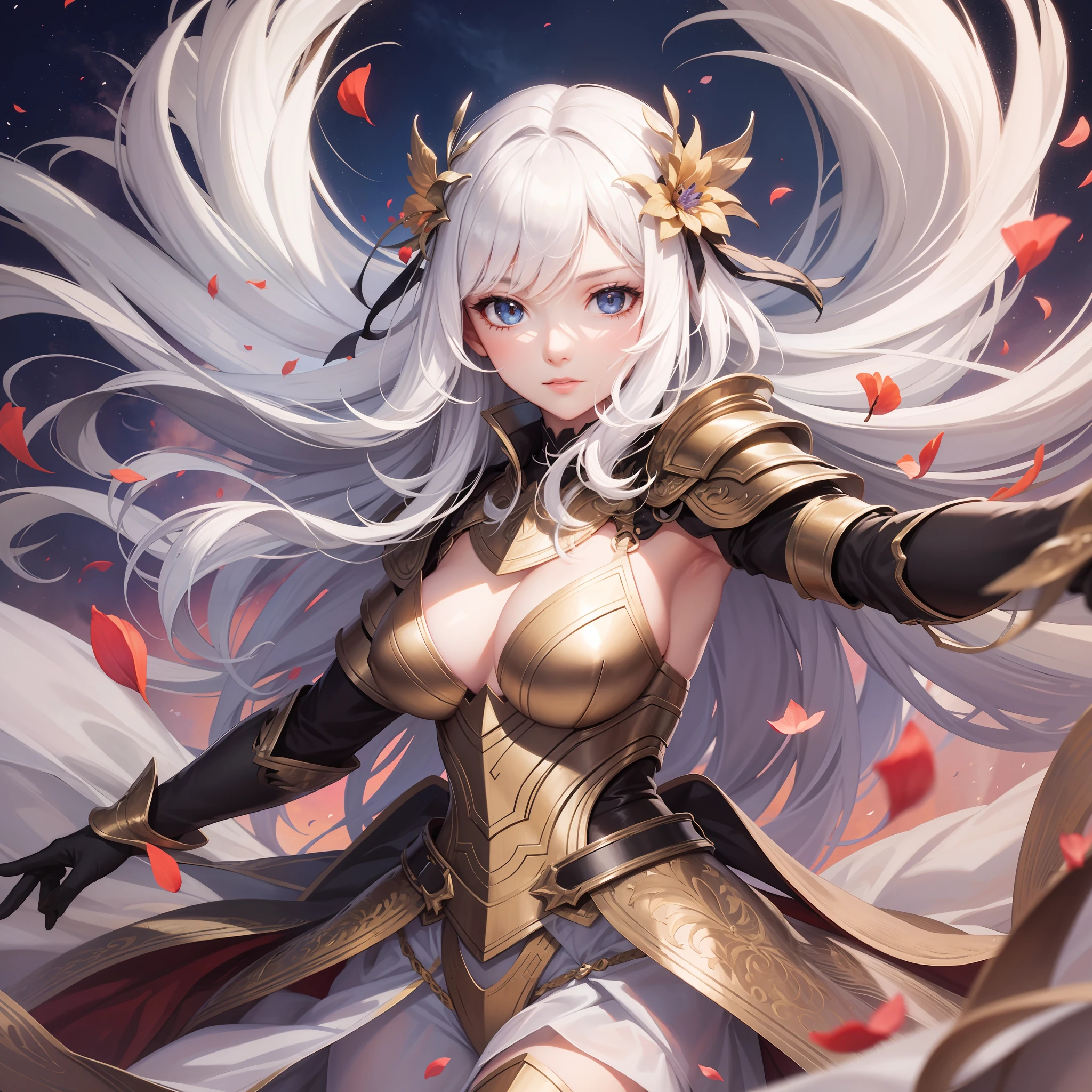 Beautiful white hair, elegant face, woman in armor, high quality, highest quality, real photo, whole body, flower field dancing petals, bright sky