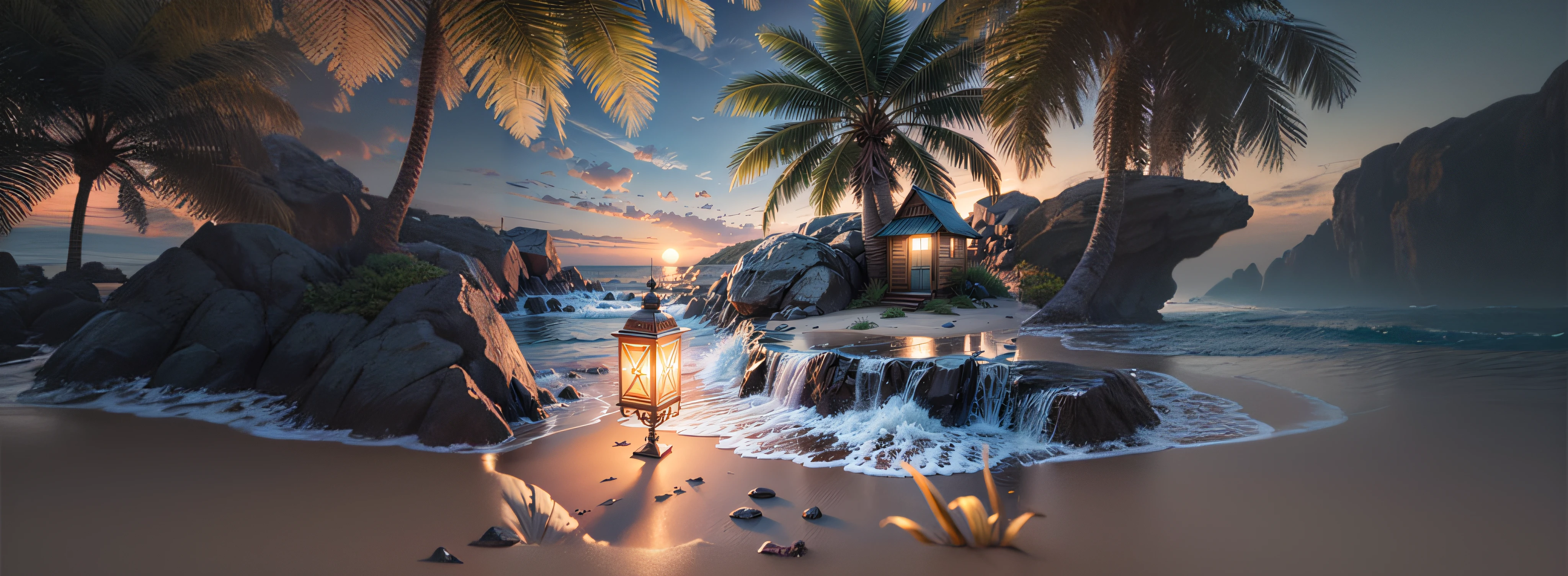 there is a lantern on the beach near a small house, realistic fantasy rendering, bela arte digital, Arte digital altamente detalhada em 4k, 8k arte impressionante, bela cena detalhada, paisagem do mar da fantasia, paisagem fotorrealista, paisagem realista, stuning fantasia 3 d render, paisagem lindamente iluminada, 3d rendering stylized, 3 d render stylized, breathtaking render