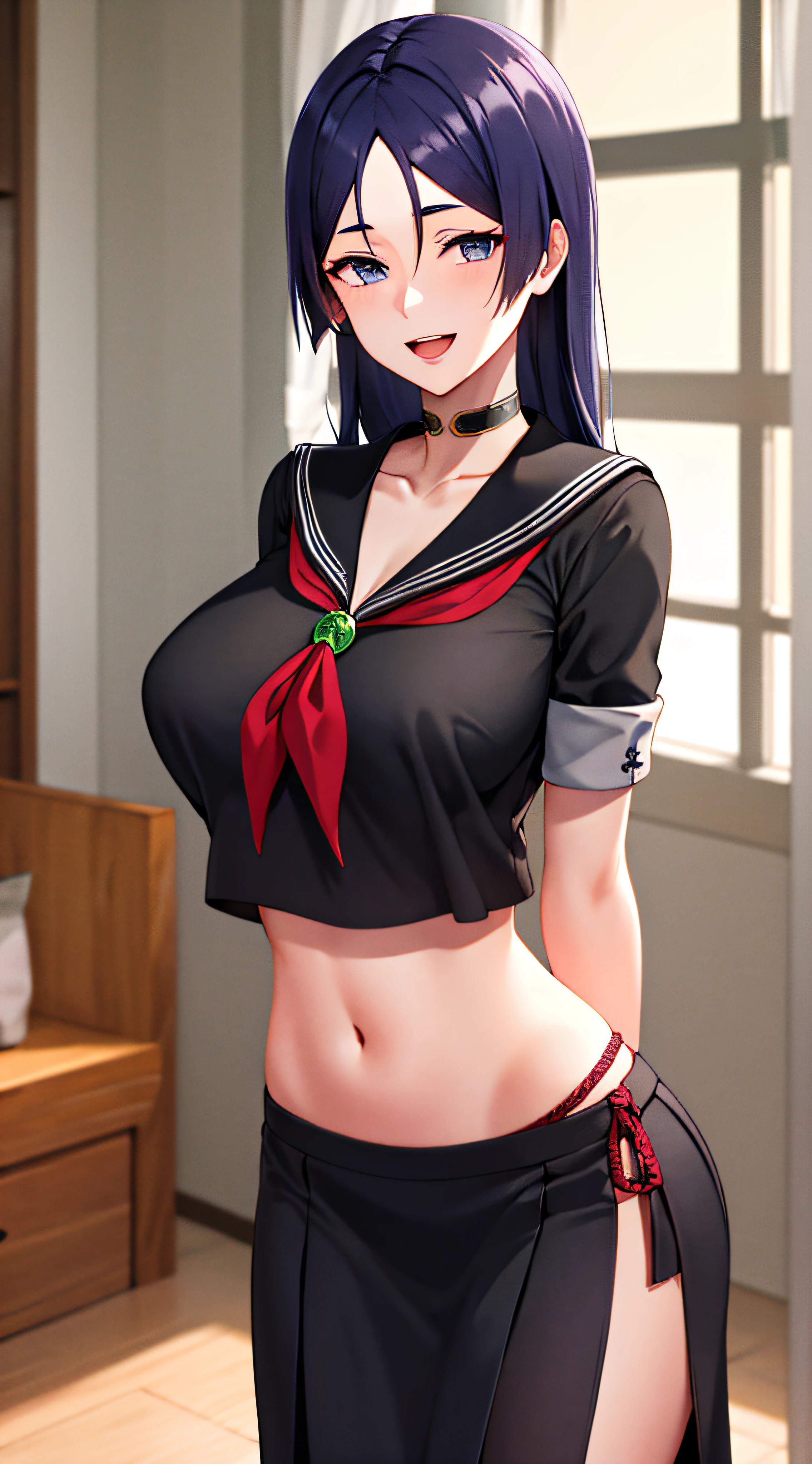 masterpiece, best quality, highres, hmmr1, minamoto no raikou (fate), low-tied long hair, school uniform, black serafuku, black shirt, crop top, collarbone, neckerchief, midriff, long skirt, choker, side slit, sailor collar, smile, cowboy shot, open mouth, arms behind back, indoors