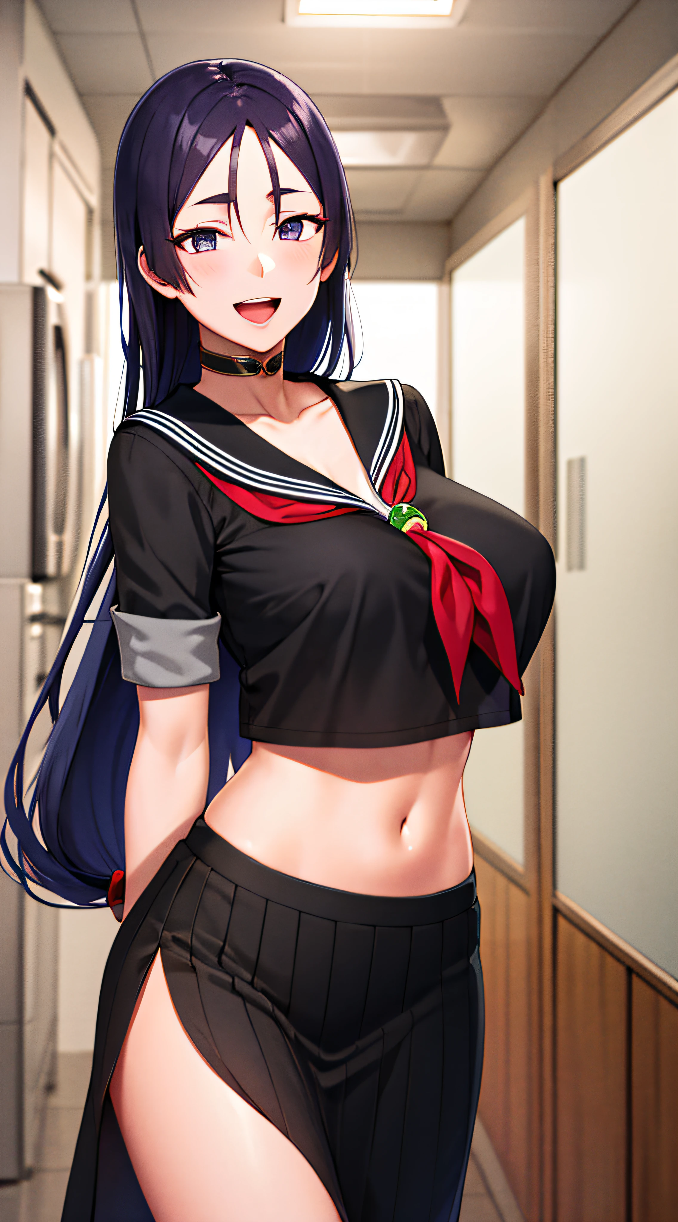 masterpiece, best quality, highres, hmmr1, minamoto no raikou (fate), low-tied long hair, school uniform, black serafuku, black shirt, crop top, collarbone, neckerchief, midriff, long skirt, choker, side slit, sailor collar, smile, cowboy shot, open mouth, arms behind back, indoors