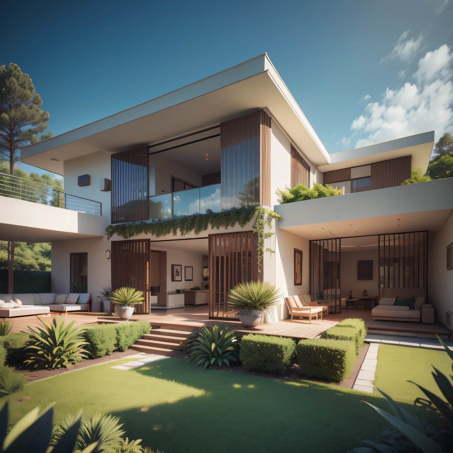 cinematic realistic photo, altamente detalhado, Futuristic, Impresso em 3D, Large lawn with pine trees around the geometric construction, modern villa style architecture inspired by Tadao Ando architectural, with artificial lighting, different kinds of vegetation landscaping, luz do dia, exotic, Nevoento, Octane render, maximum render detail