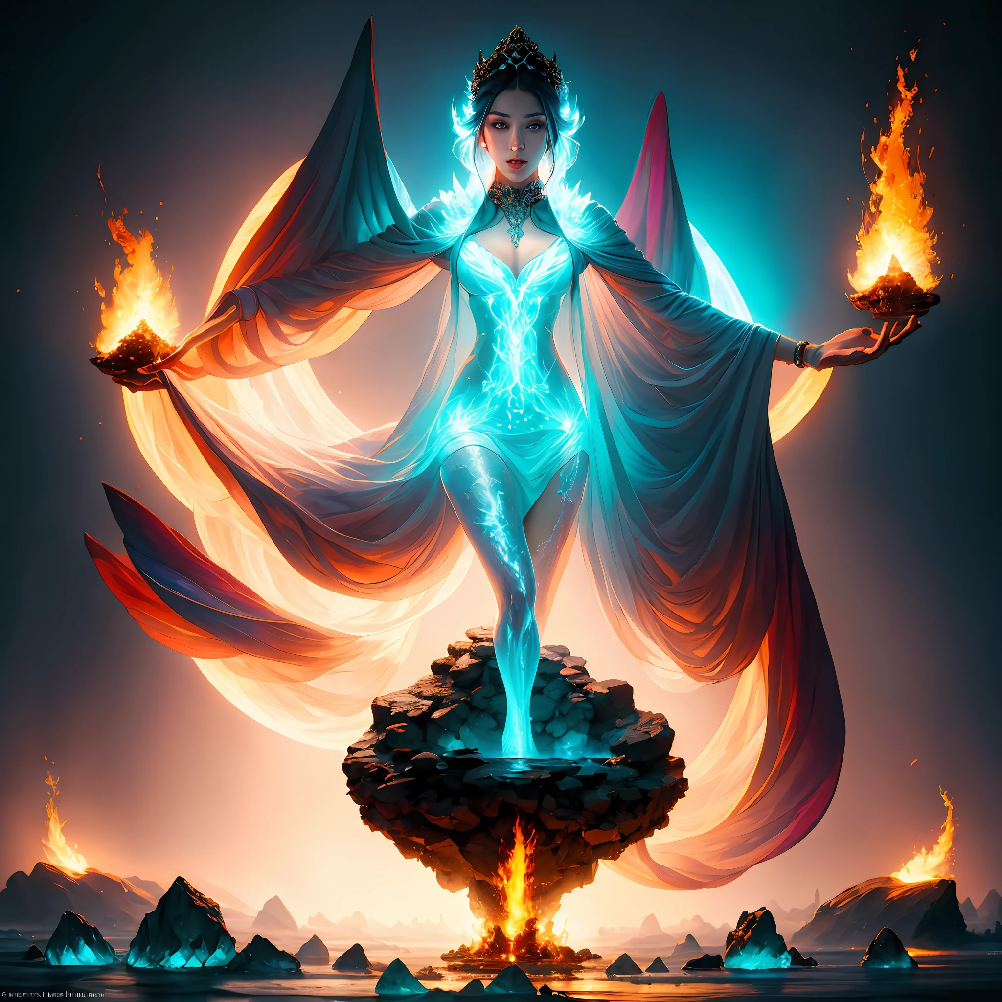 A naked woman with mixed bodies and flames,Full close-up, Stand in a disc on the water,Fire in the hands,A circle of fire is raging around the body,Mysterious red flame,The background is layers of icebergs,Towering icebergs,All Ice World,Endless icebergs,Dark blue light,Spooky atmosphere,Towering spires,Mysterious atmosphere,Art germ on ArtStation Pixiv, Goddess of Light, IG model | Art germ,