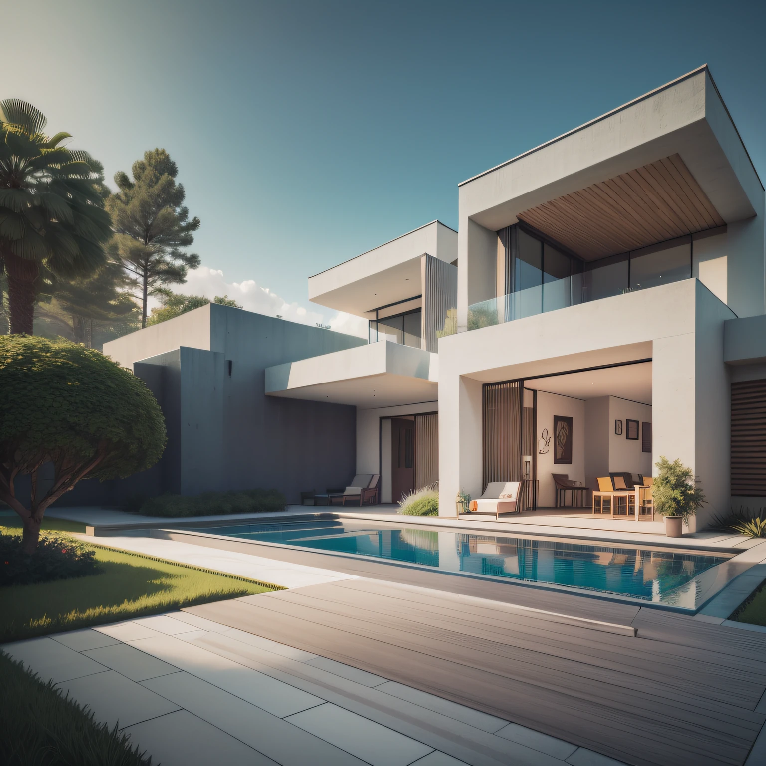 cinematic realistic photo, altamente detalhado, Futuristic, Impresso em 3D, Large lawn with pine trees around the geometric construction, modern villa style architecture inspired by Tadao Ando architectural, with artificial lighting, different kinds of vegetation landscaping, luz do dia, exotic, Nevoento, Octane render, maximum render detail