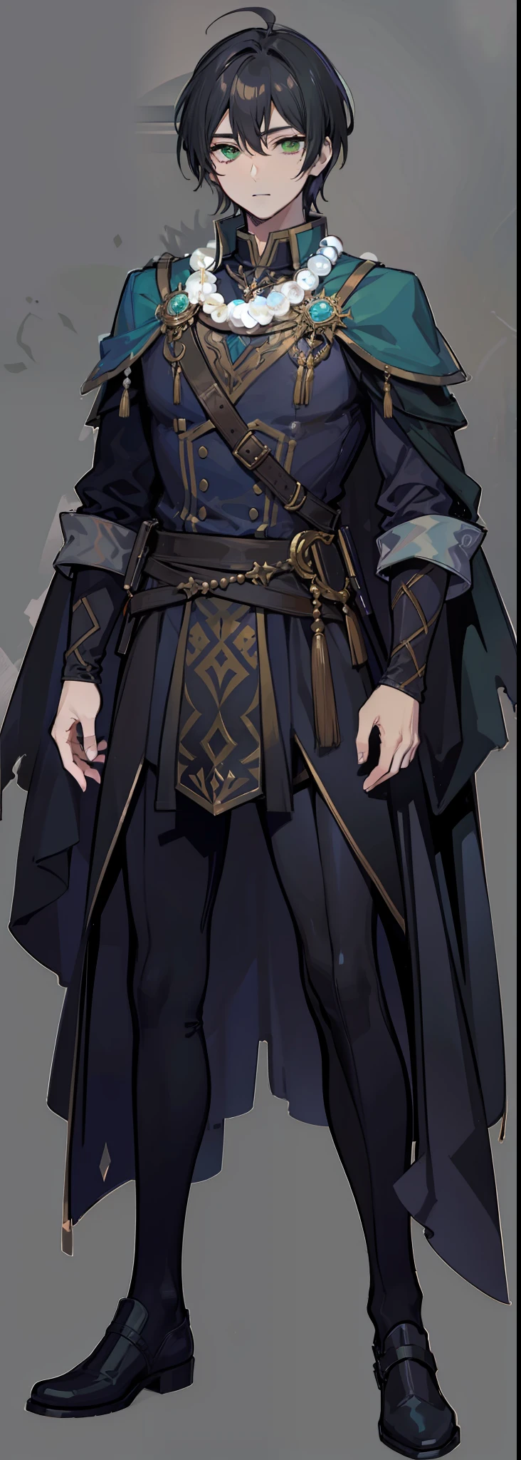 1character, male, mage, wearing pearl necklace, green eyes, black hair. (masterpiece:1.2), (best quality:1.3)