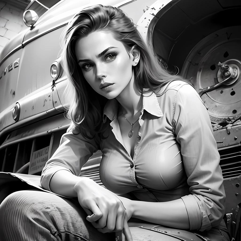 greyscale pencil drawing, classic pin up girl, classic pose, sitting on a old rusty car, 1960 style ::lips in red:: ultra high details --auto --s2