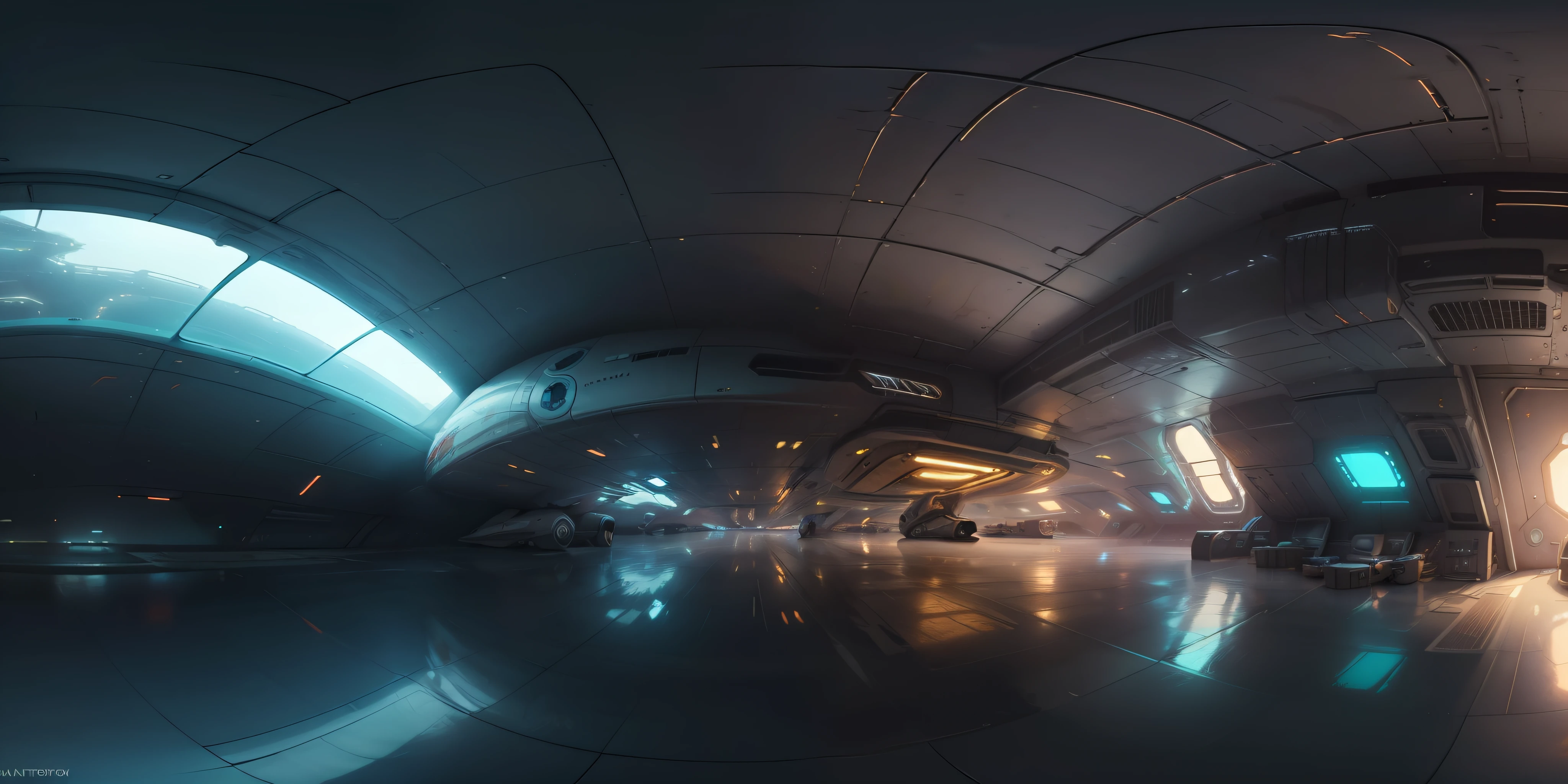 a 360 equirectangular panorama  modelshoot style, (extremely detailed CG unity 8k wallpaper), inside of a sci-fi spaceship, aliens, technology, dark, night time, neon lights, star trek, by Jeremy Mann, Greg Manchess, Antonio Moro, trending on ArtStation, trending on CGSociety, Intricate, High Detail, Sharp focus, dramatic, photorealistic painting art by greg rutkowski