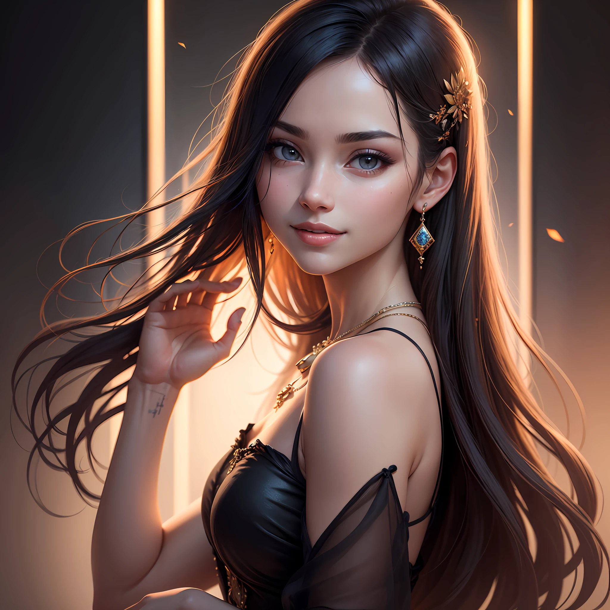 best quality, masterpiece, highres, 1girl, transparent silk porcelain dress, beautiful face, hair ornament, looking at the viewer, smile, closed mouth, lips, dress, hair ornament, necklace, jewelry, long hair, earrings, beautiful face, upon_body, tyndall effect, photorealistic, dark studio, edge lighting, two-tone lighting, (high detail skin: 1.2), 8k uhd, DSLR, soft lighting, high quality, volumetric lighting, candida, photography, high resolution, 4k, 8k, Bokeh --auto