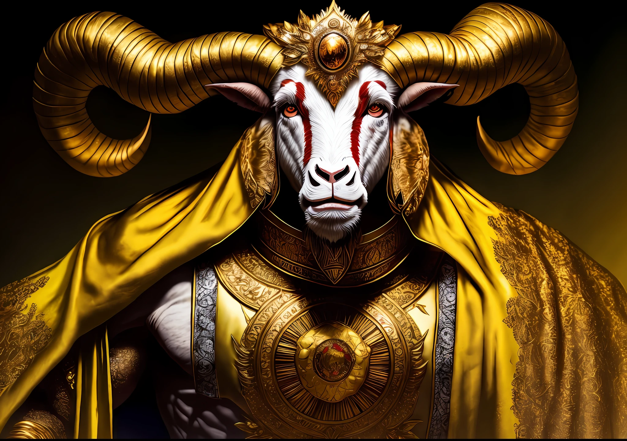 Ram, golden robe, crown, intricate designs,