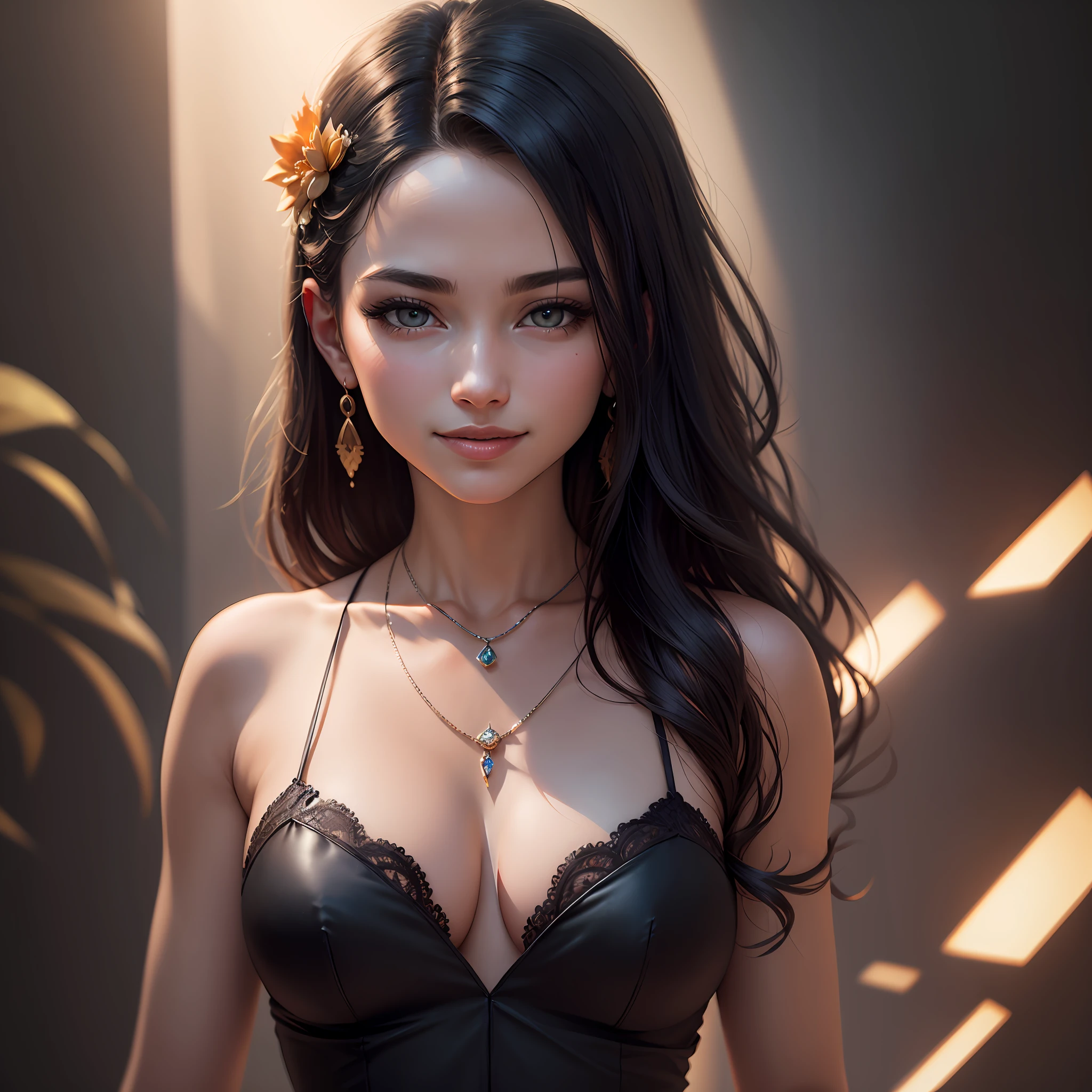 best quality, masterpiece, highres, 1girl, transparent silk porcelain dress, beautiful face, hair ornament, looking at the viewer, smile, closed mouth, lips, dress, hair ornament, necklace, jewelry, long hair, earrings, beautiful face, upon_body, tyndall effect, photorealistic, dark studio, edge lighting, two-tone lighting, (high detail skin: 1.2),  8k uhd, DSLR, soft lighting, high quality, volumetric lighting, candida, photography, high resolution, 4k, 8k, Bokeh --auto