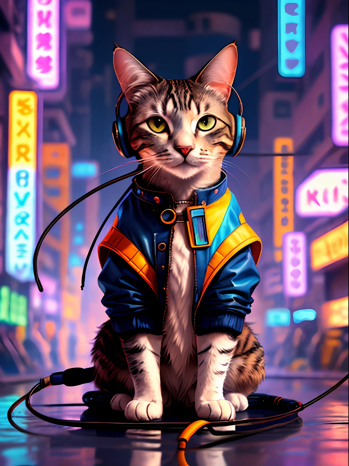 A cat with headphones and a jacket is sitting on a large lily leaf in a fountain. Cyberpunk and post-Soviet modernism  style themed. closeup view, neon lights., Pop art, Pixar, three sided view, UHD, anatomically correct, textured skin, super detail, high quality, 4K