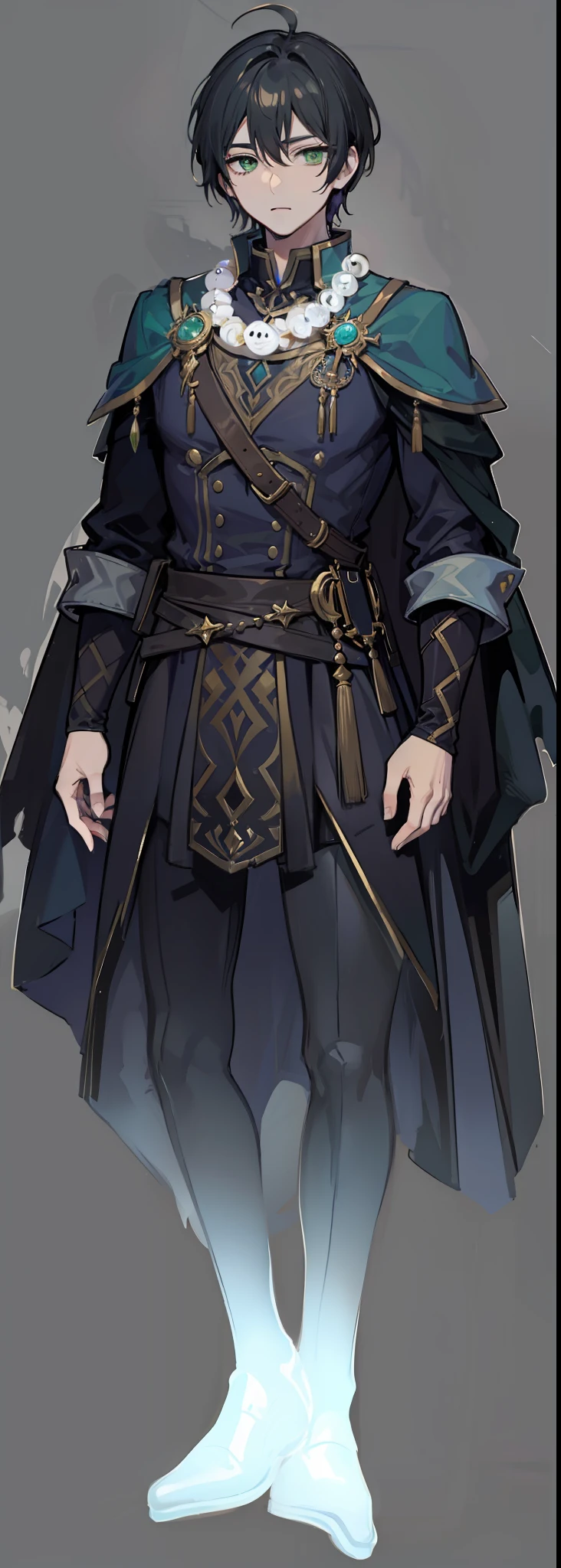 1character, male, mage, wearing pearl necklace, green eyes, black hair. (masterpiece:1.2), (best quality:1.3)