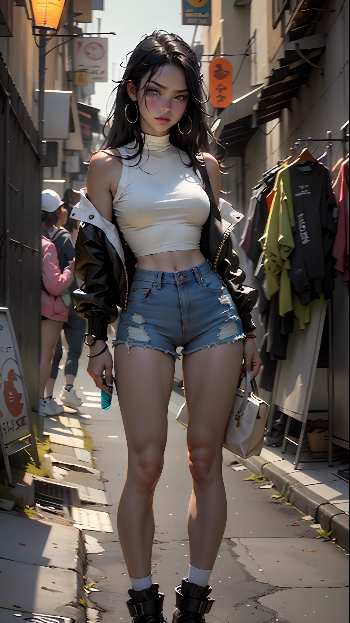Definition of woman's body black hair, olhos pretos, serious expression, coxas grossas, abdome fino, top cinza, jaqueta de couro preta, shorts jeans azul claro curtos, shorts curtos, hot pants, botas de couro pretas, street at night, cena escura.