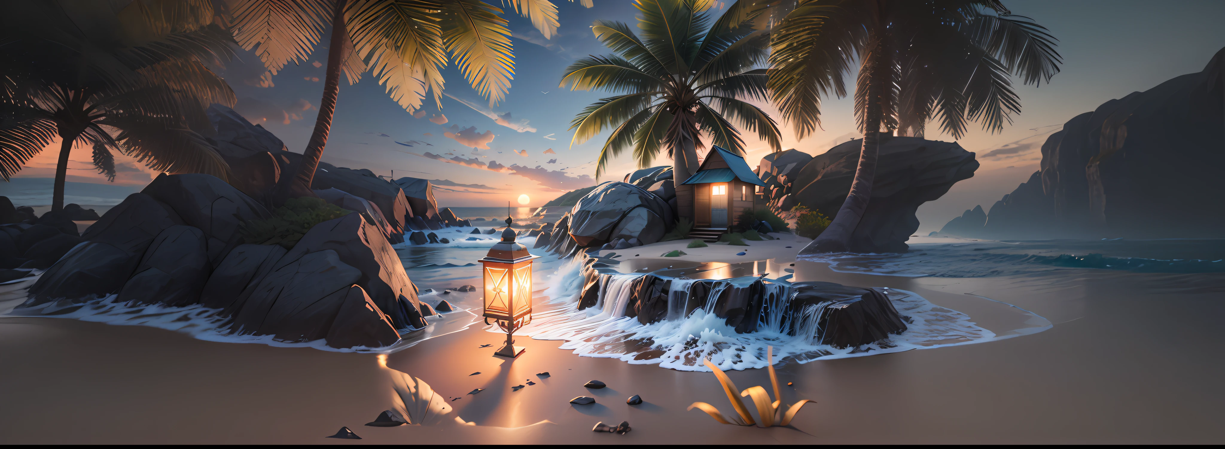 there is a lantern on the beach near a small house, realistic fantasy rendering, bela arte digital, Arte digital altamente detalhada em 4k, 8k arte impressionante, bela cena detalhada, paisagem do mar da fantasia, paisagem fotorrealista, paisagem realista, stuning fantasia 3 d render, paisagem lindamente iluminada, 3d rendering stylized, 3 d render stylized, breathtaking render
