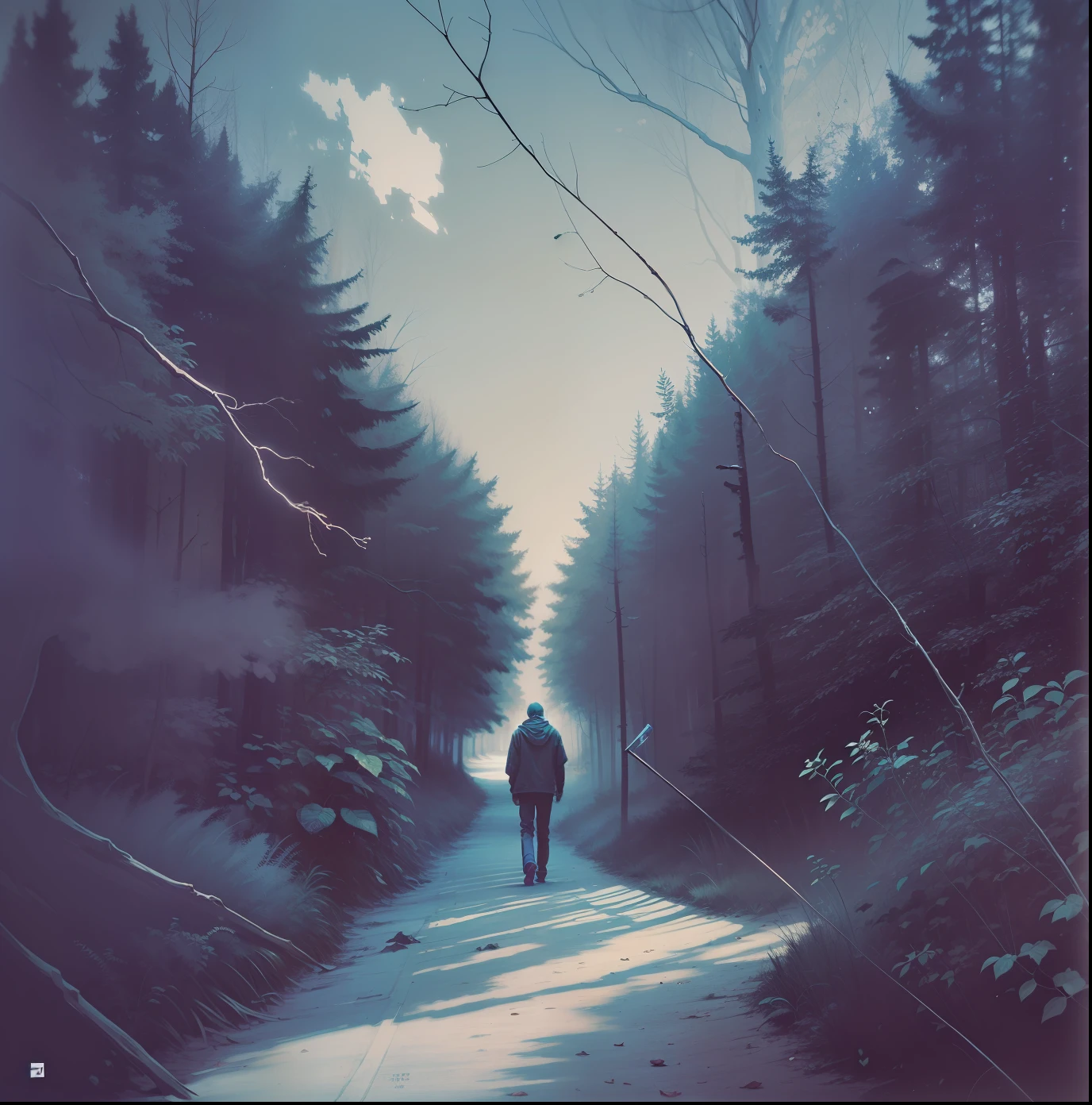 alone man, abstrate, in dark woods --auto
