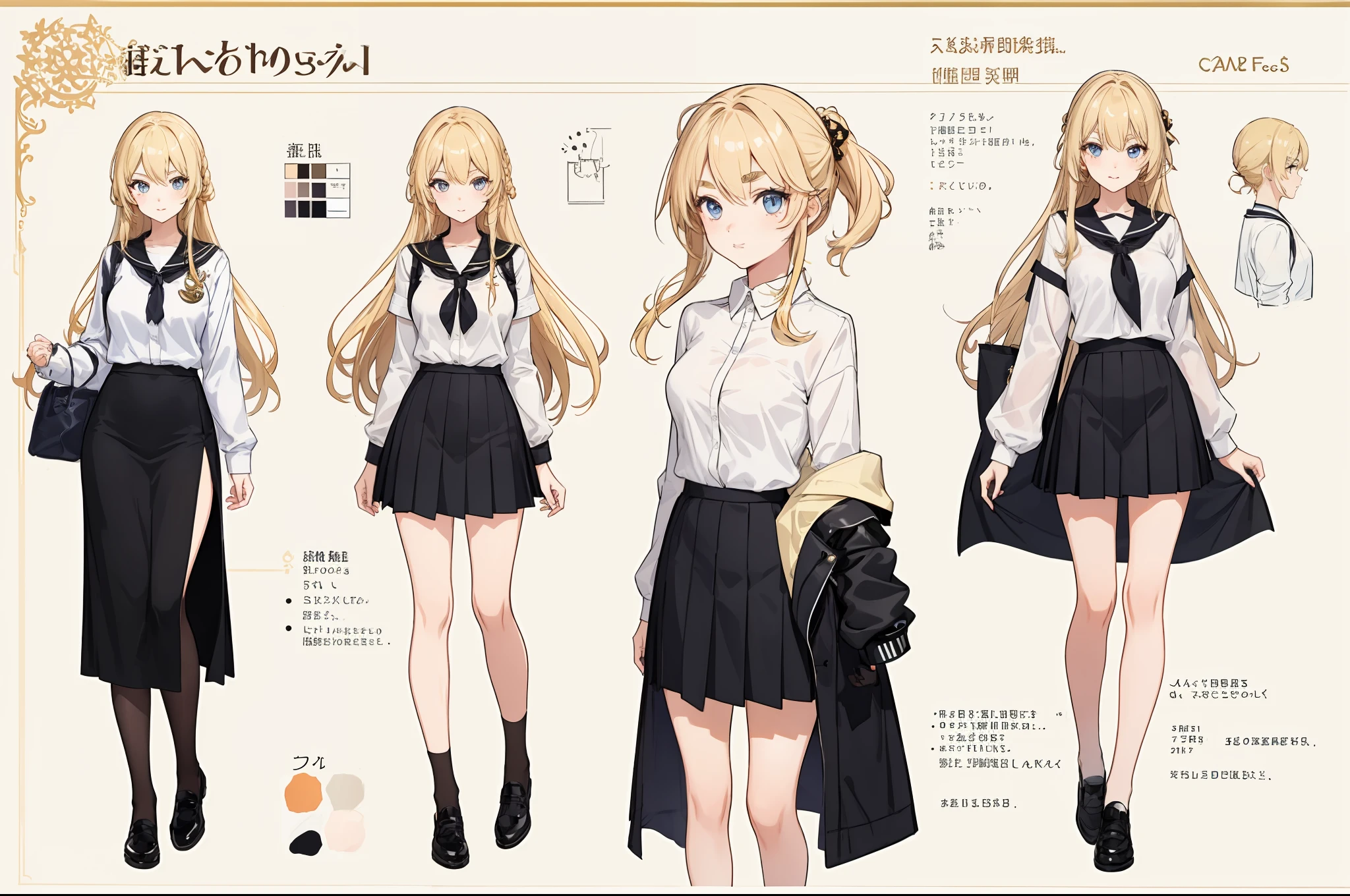 shcool uniform,Stockings,Short black skirt,White top,Fashion leather shoes,Urban popular colors,(character design sheet,facefront,backfacing,Lateral face,Same character),The background is simple,long golden hair,small nipple,girl,Thick eyebrows,big breasts thin waist,Beautiful blonde,(nmasterpiece),((HighestQuali)),(ultra detaild),Giant Breast Girl,(beautifuleyes)),beautiful details eyes,Clean and meticulous face,Five fingers,Textile shades,anatomy perfect