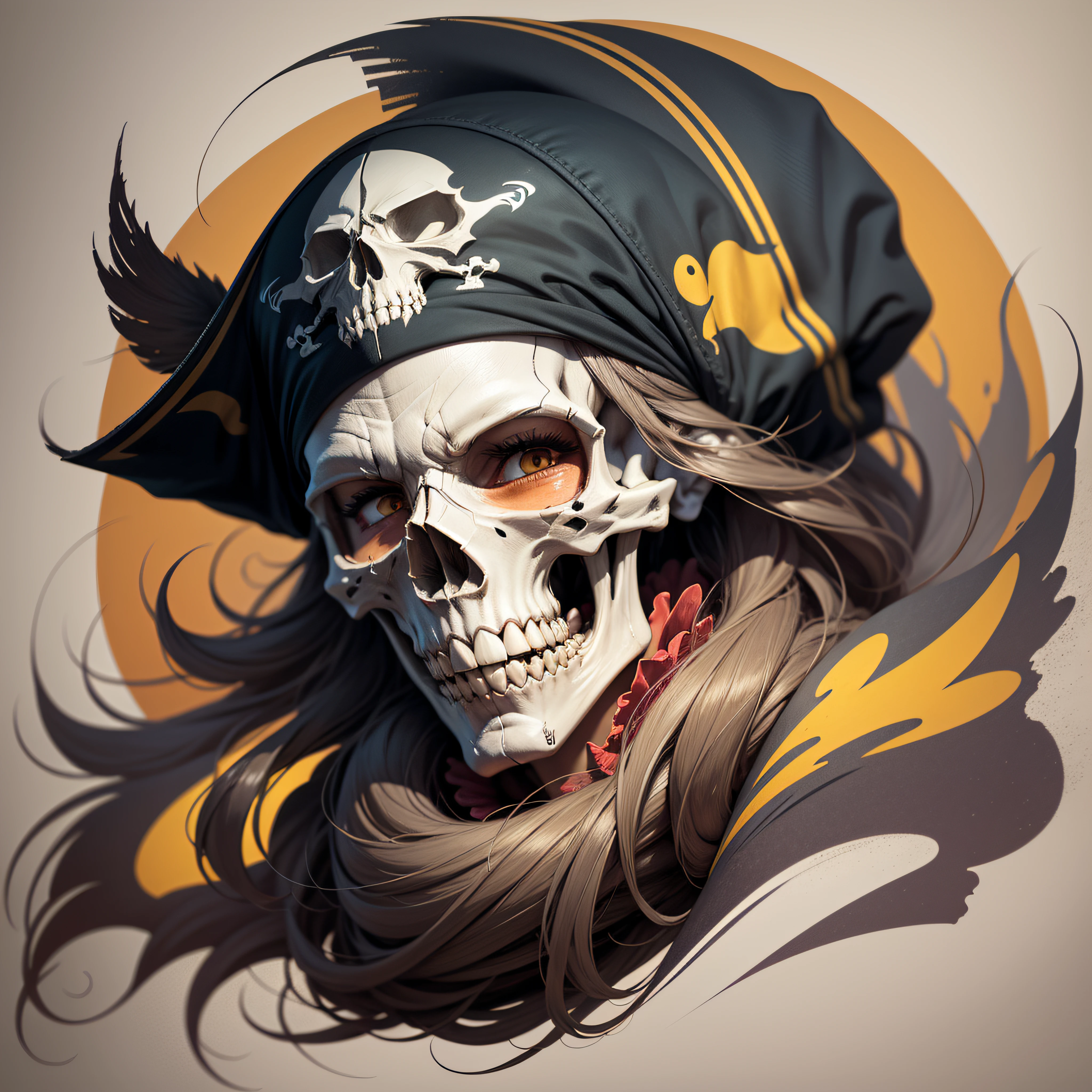 pirate skull, Sticker, Happy, Primary Color, mural art style, Contour, Vector, White Background, Detailed