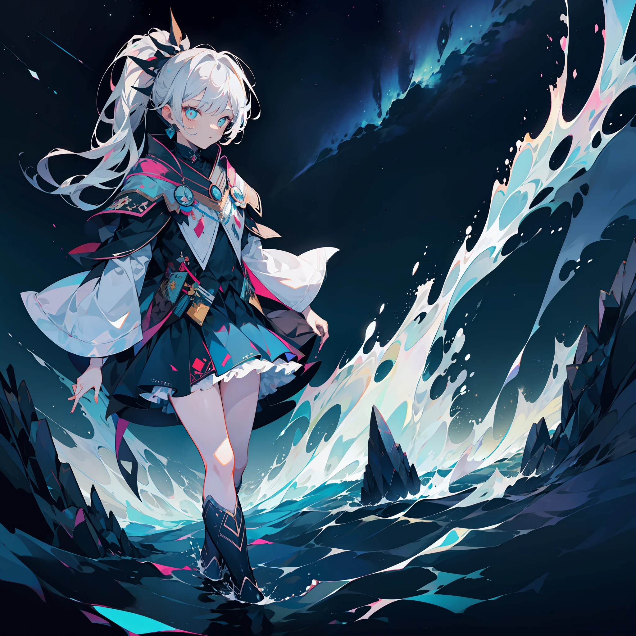 Girl with double ponytail with silver hair，water surface，Starry sky under the skirt，eyes glowing，Black starry sky，Lord of all things is one，Ugsothos