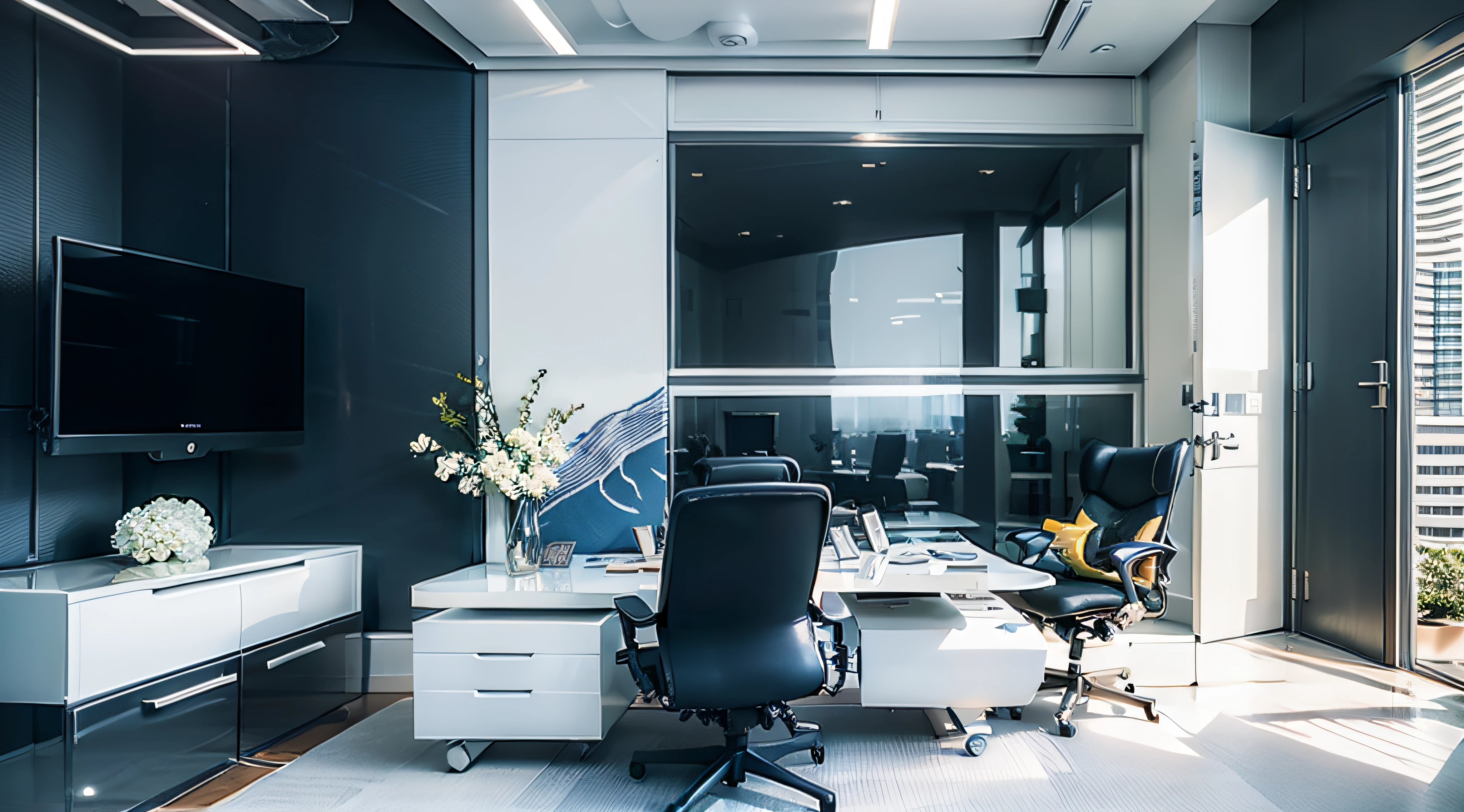 modern office with elegant design, featuring a desk and white furniture, luxury that radiates a feeling of power and elegance. CEO and President room with no people and filled with sophistication