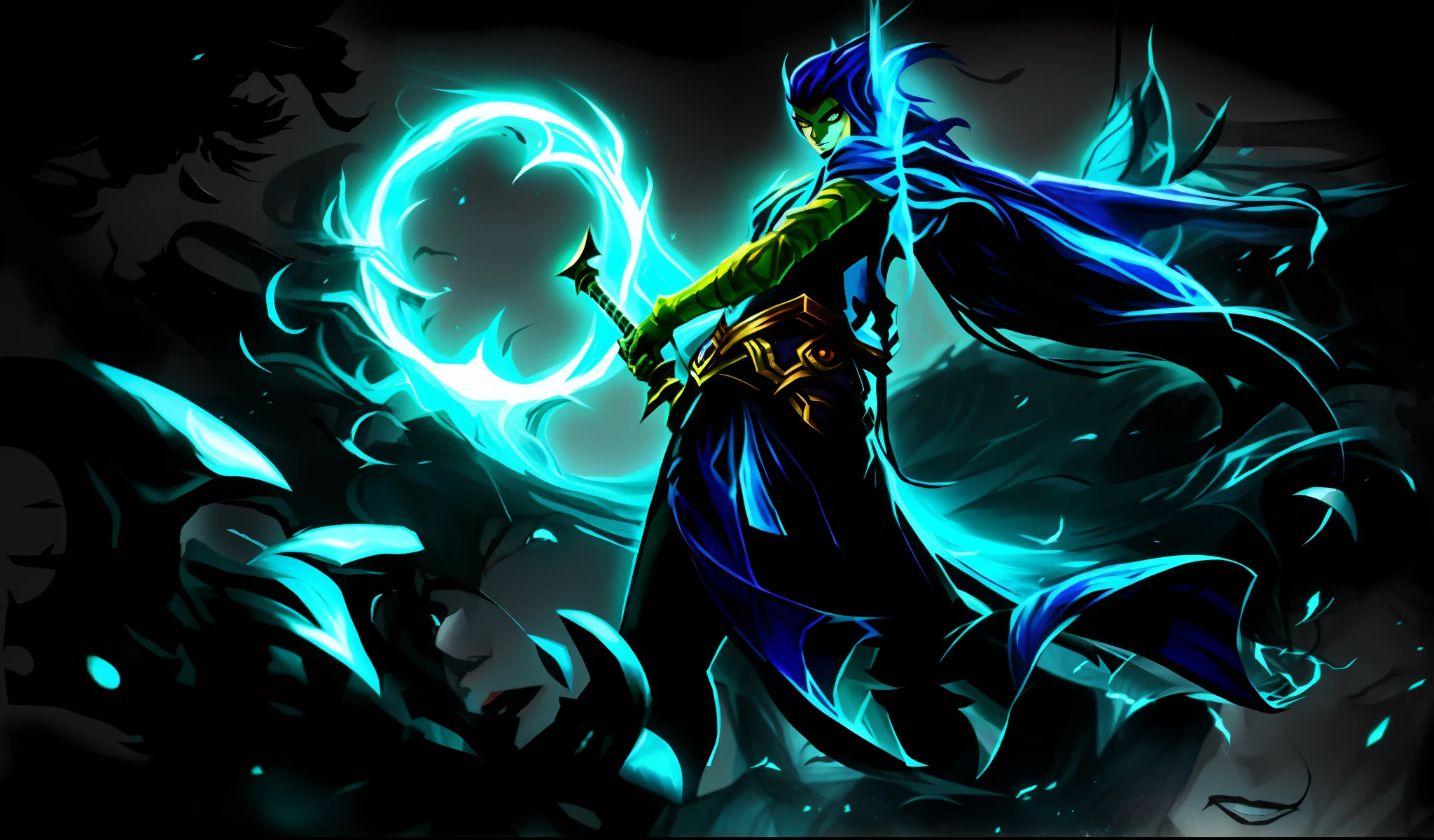 imagem anime de uma Homem com uma espada em uma floresta escura e segurando a outra nas costas , Usando uma mascara igual a do Yone de league of legends Arte conceitual da Riot Games, League of Legends arte splash, Arte conceitual de League of Legends, Arte do personagem de League of Legends, Arte de League of Legends, iconic character splash art, Yone, Yone de League of Legends, arte detalhada anime League of Legends ( Cores preto e vermelho
