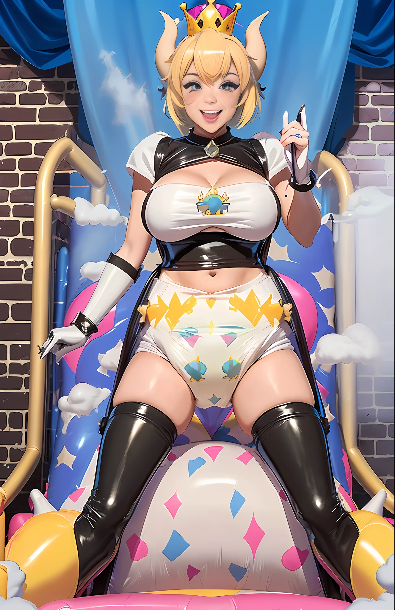 Sexy girls wearing ((big diaper)), ((bowsette)), busty, (big breasts), wide hips, ((latex)), stockings, fishnets, corsets, ((magical)), (blushing), pleasure, ((orgasmic)), smiling, colorful, stage, stage lights, brick wall, (magic fog), ((mommydom)), ((bounce castle)), ((inflatables)), ((magical mist)), (volcanic)