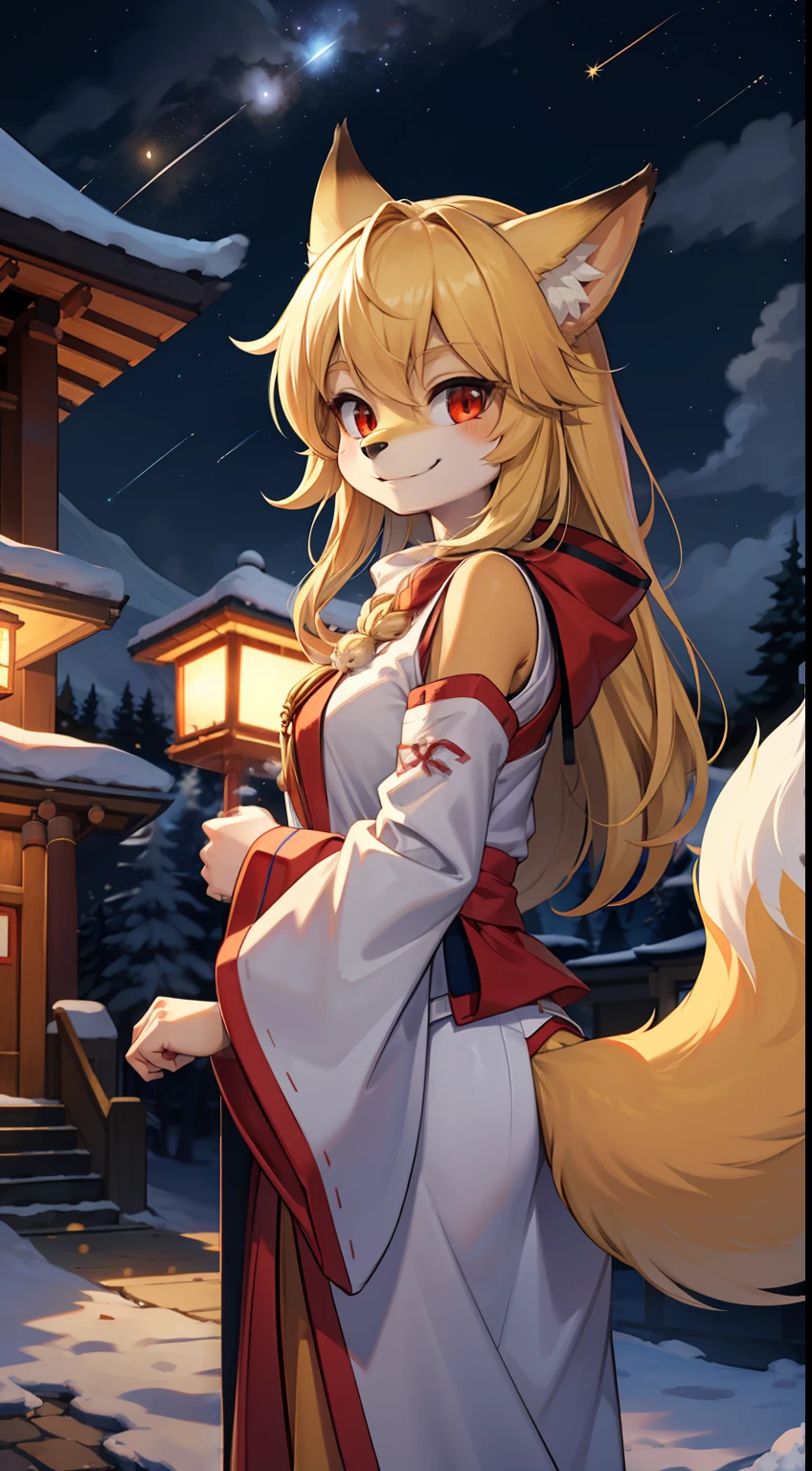 girl fox，was hairy,furry，Golden fur，orc face，Golden yellow face fur,Long blonde hair，Red eyes，Super cute face，Brown elements on fur，miko，Beautiful lights and shadows，Ambient light，Ultra-fine fur，volumettic light，Night,Clouds and stars in the sky,The sky outside is starry ,Meteor,natural day light，Smile with，Fluffy tail，Shrine background，wintertime